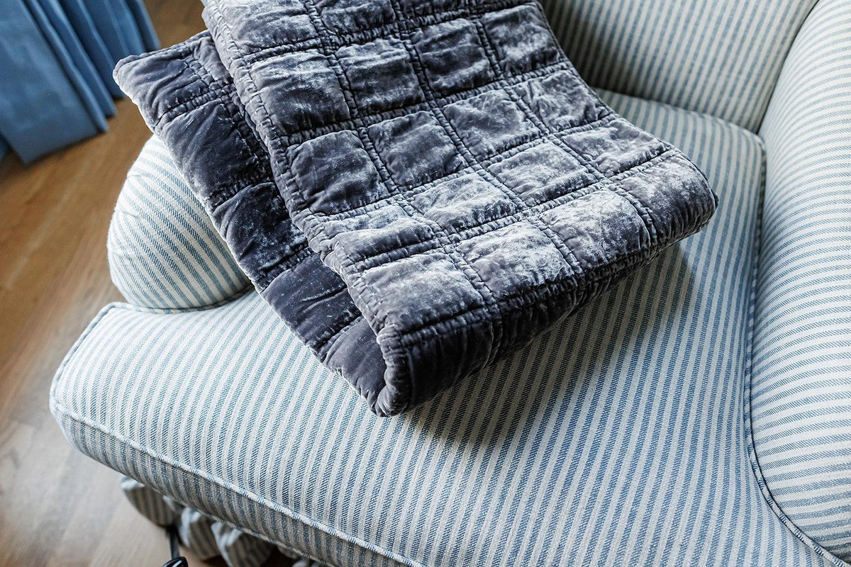 Quilted Velvet Throw, Dark Slate - OAKSTREET SHOPPE