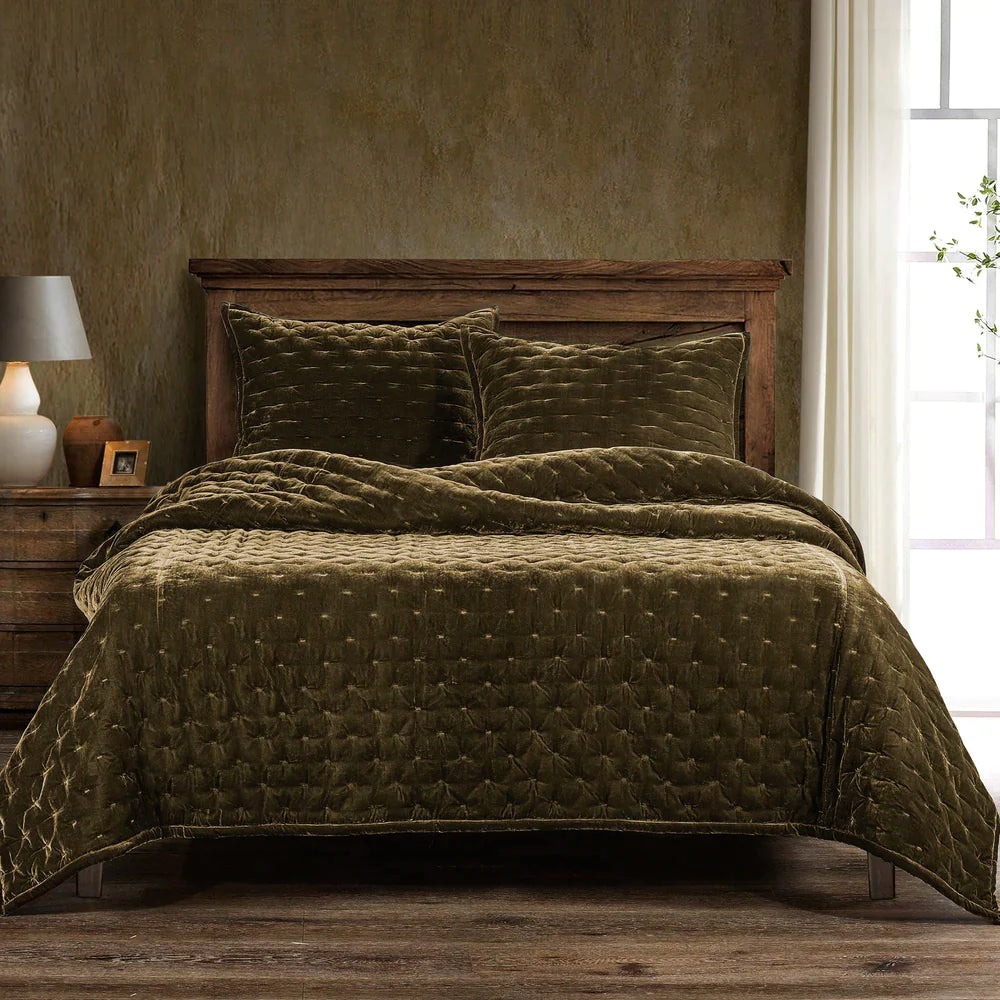 Quilted Faux Silk Bedding, Dark Olive