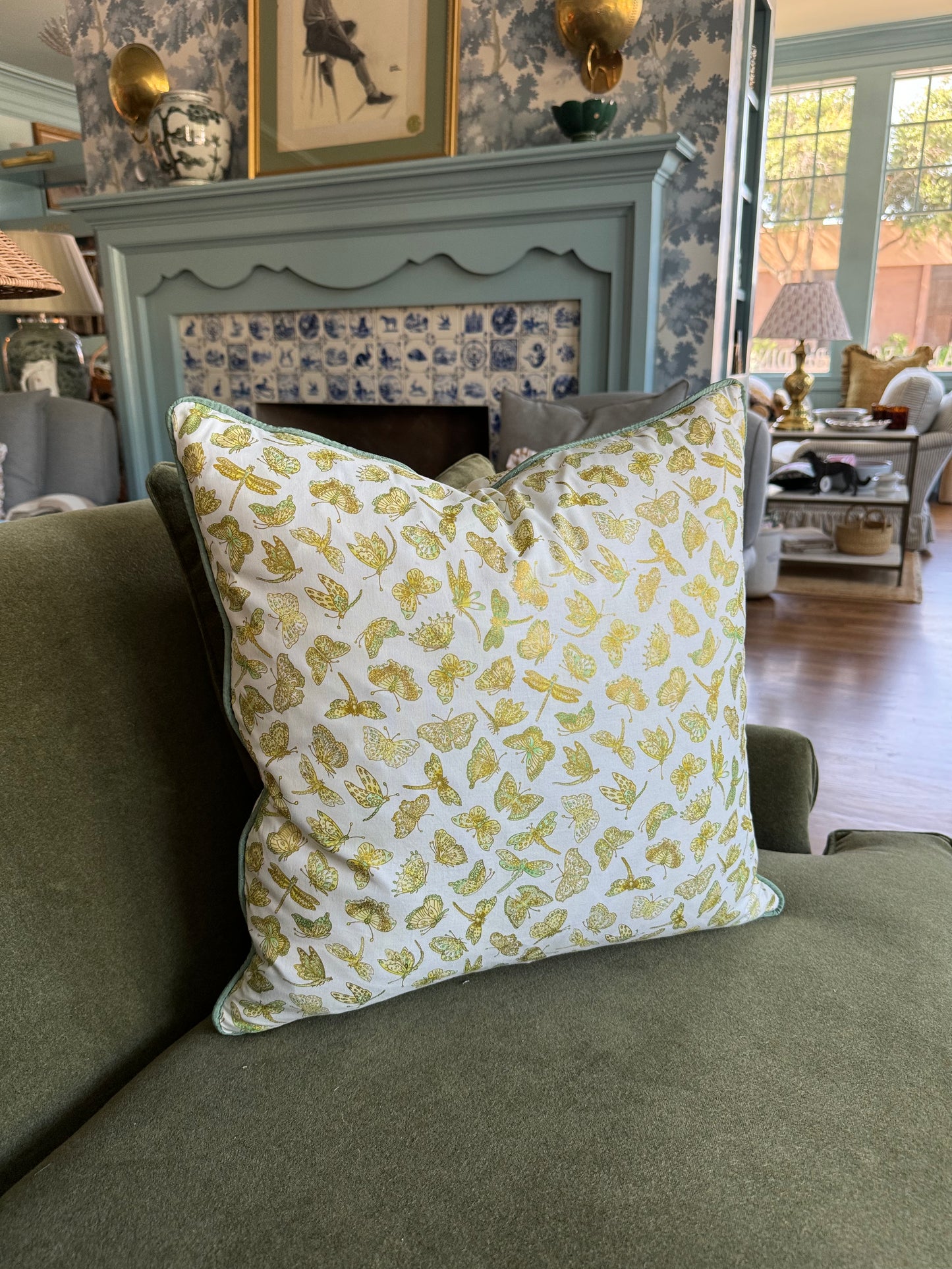 Golden Butterfly Pillows with Green Piping