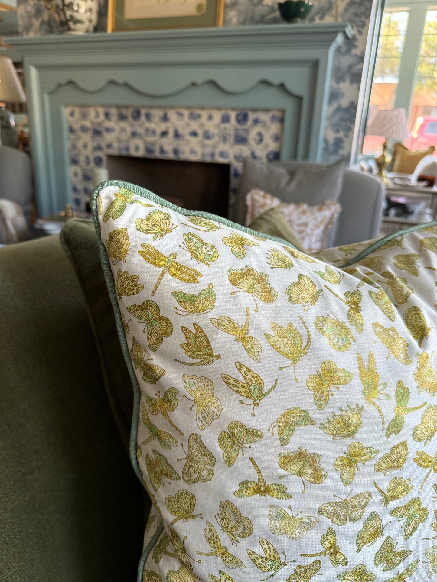 Golden Butterfly Pillows with Green Piping