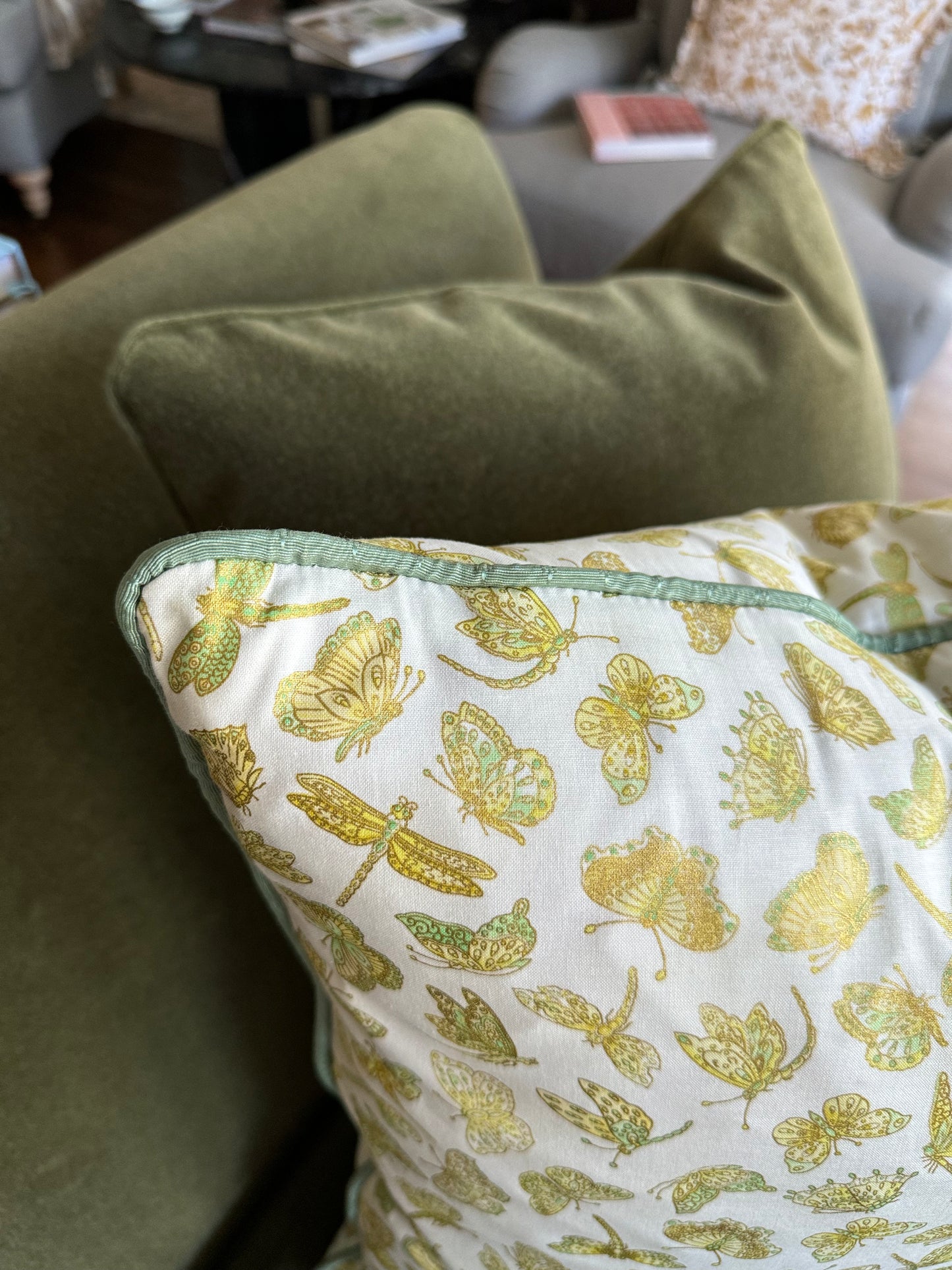 Golden Butterfly Pillows with Green Piping