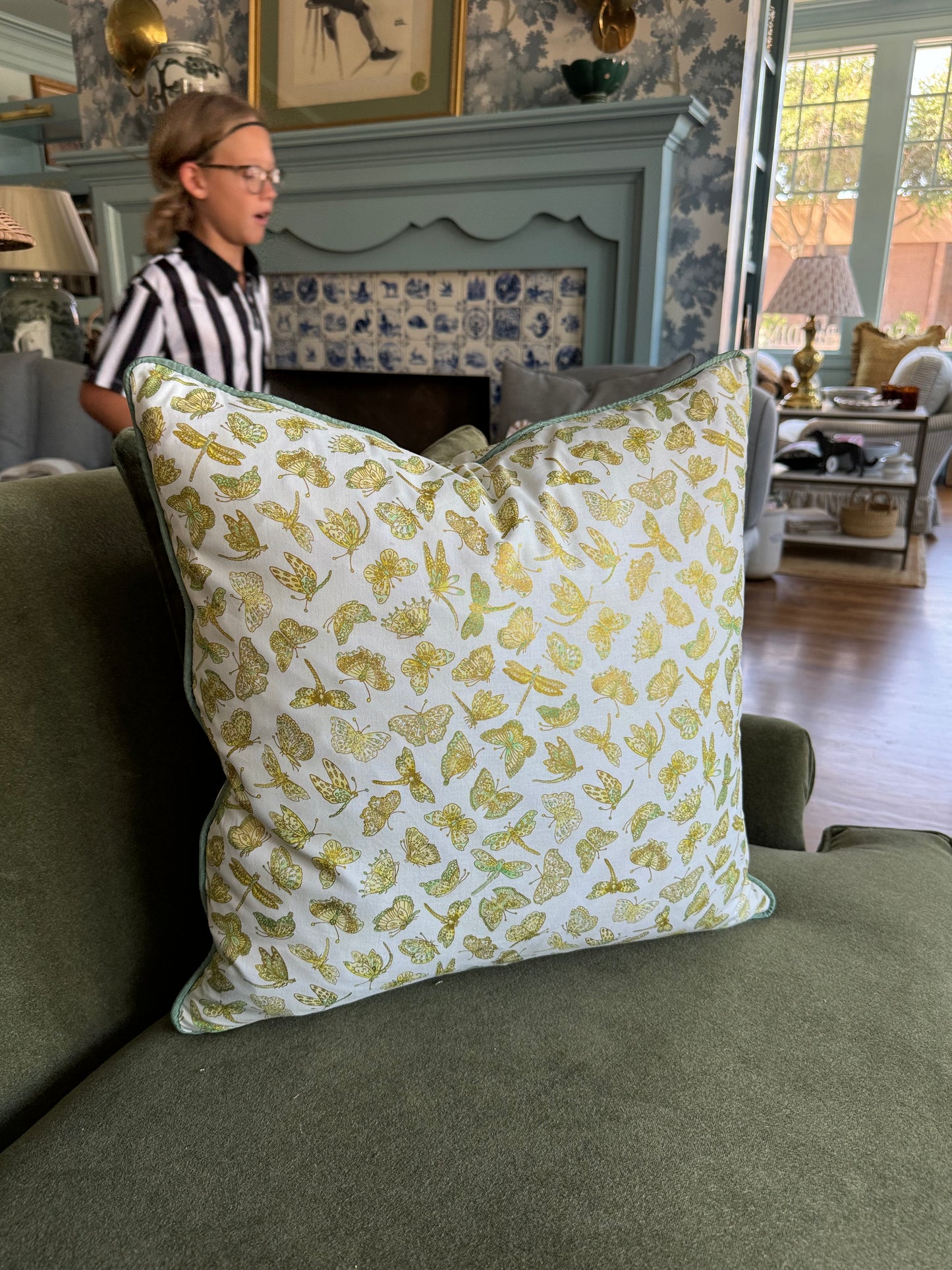 Golden Butterfly Pillows with Green Piping