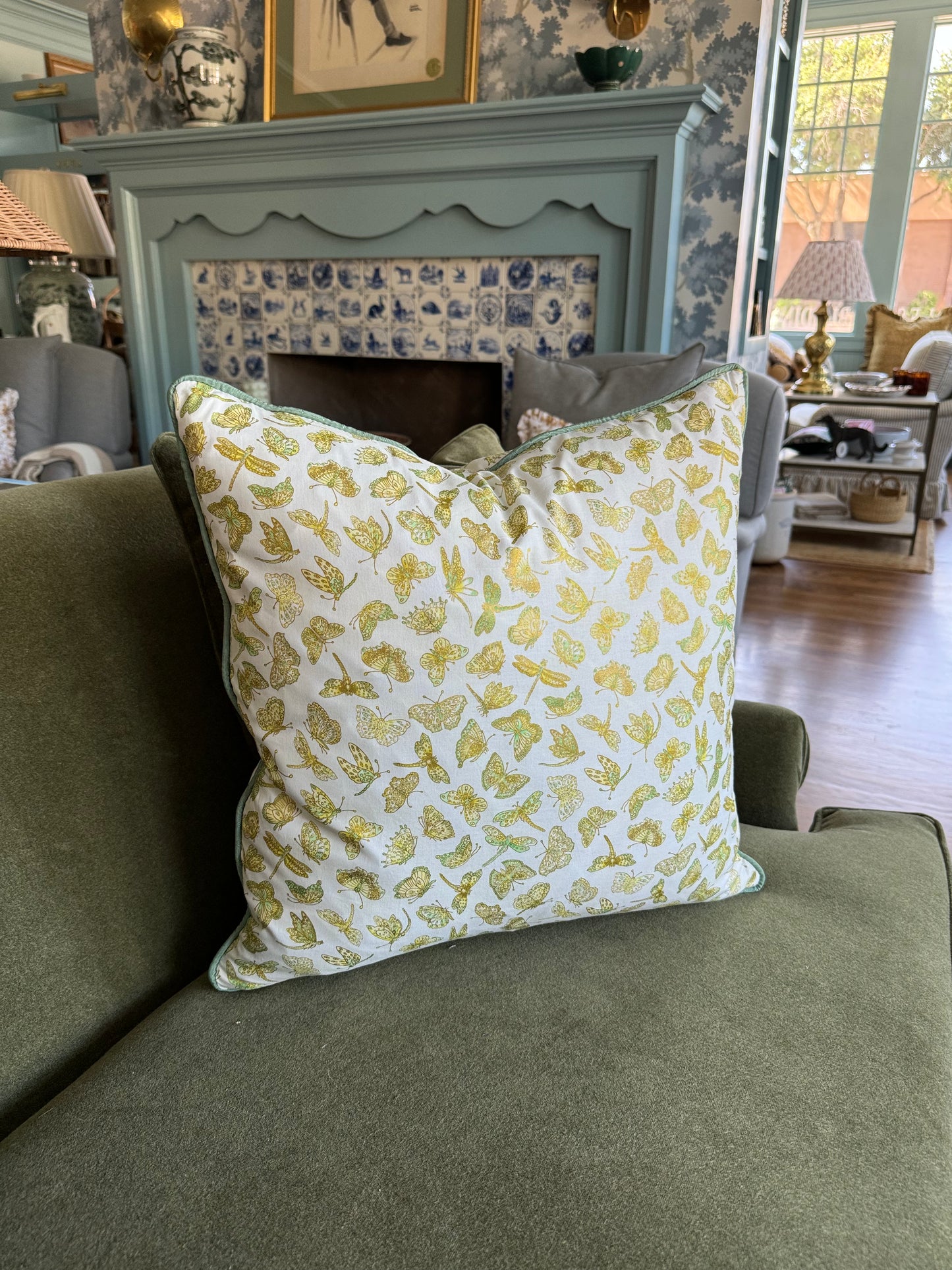 Golden Butterfly Pillows with Green Piping