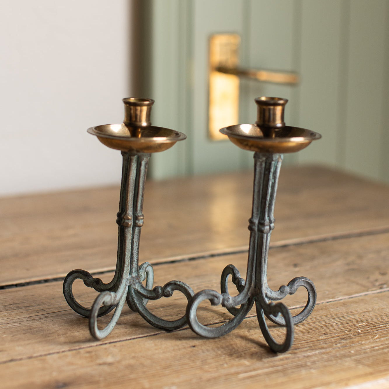 Vintage Iron & Brass Candlesticks, Set of 2