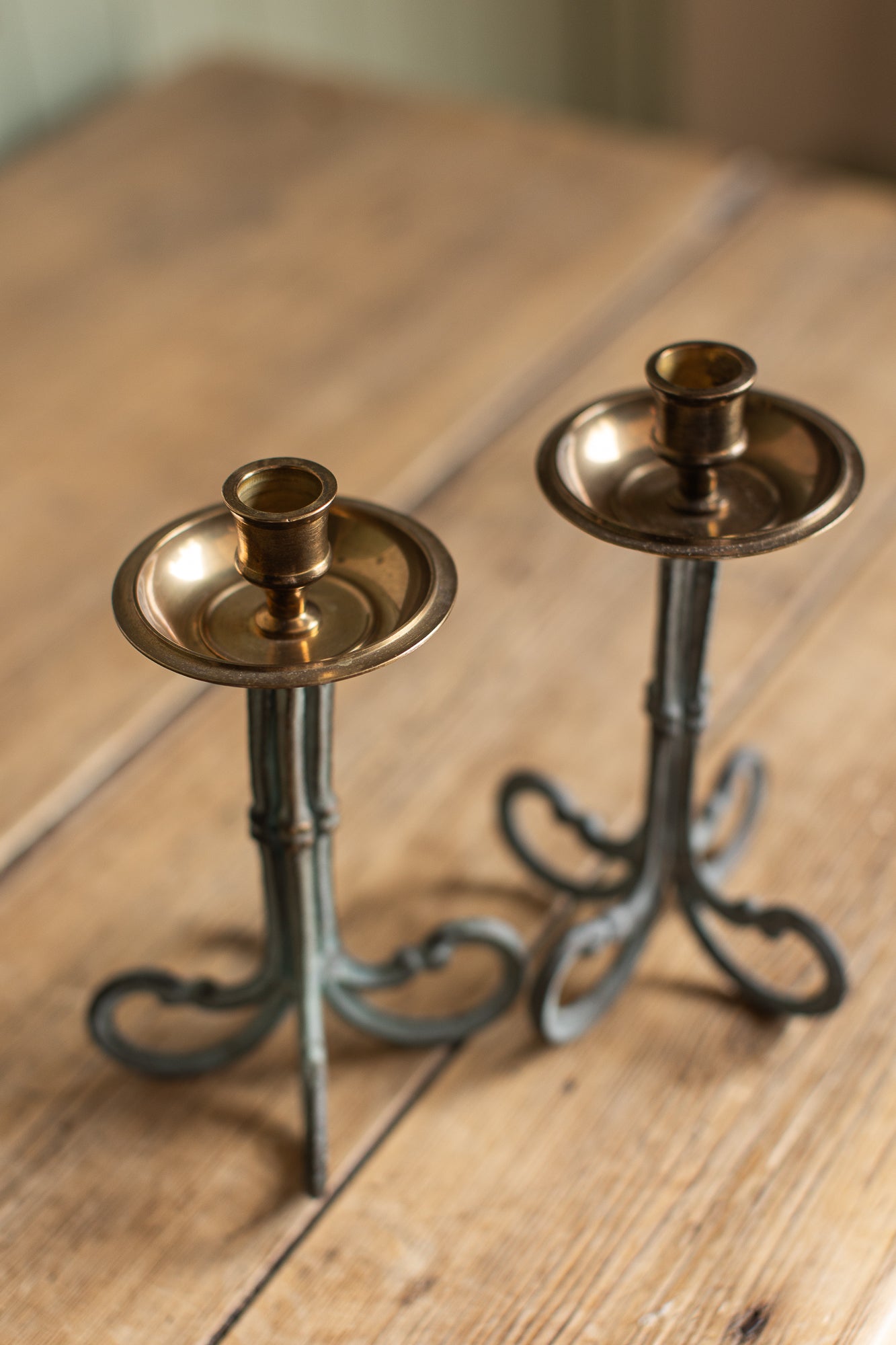 Vintage Iron & Brass Candlesticks, Set of 2