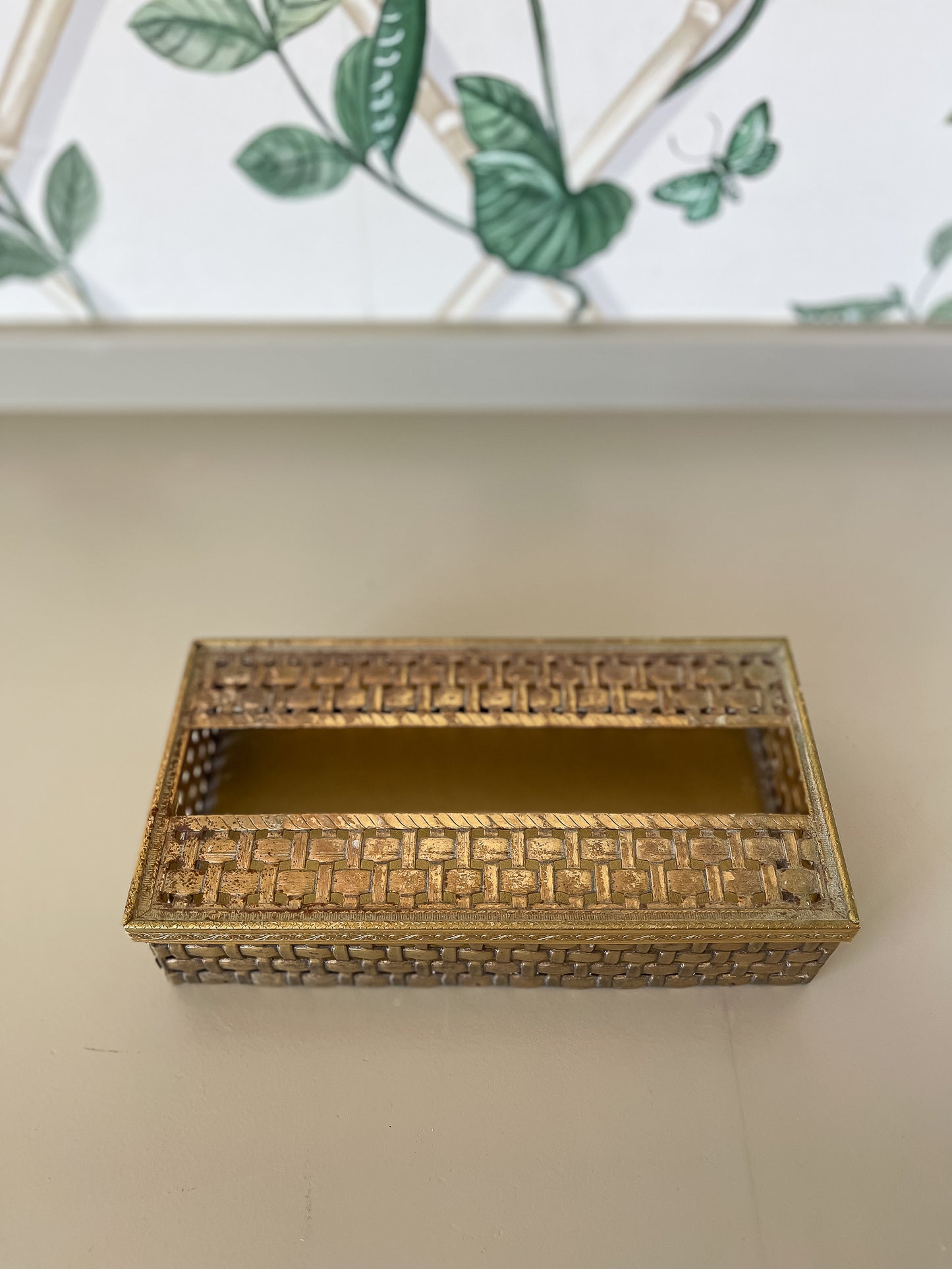 Vintage Brass Woven Tissue Box Cover – Cane Pattern