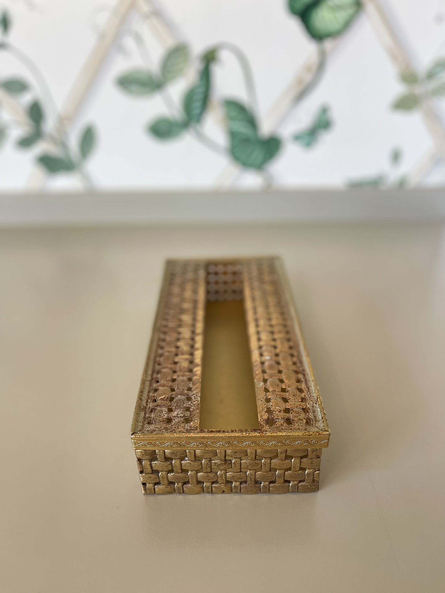 Vintage Brass Woven Tissue Box Cover – Cane Pattern