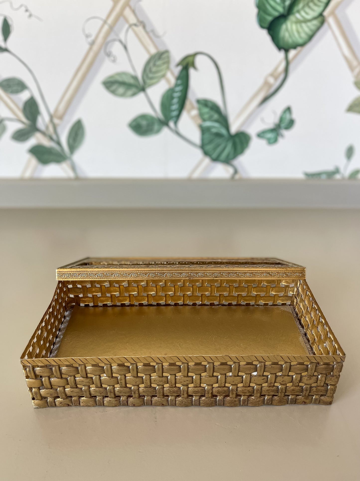 Vintage Brass Woven Tissue Box Cover – Cane Pattern