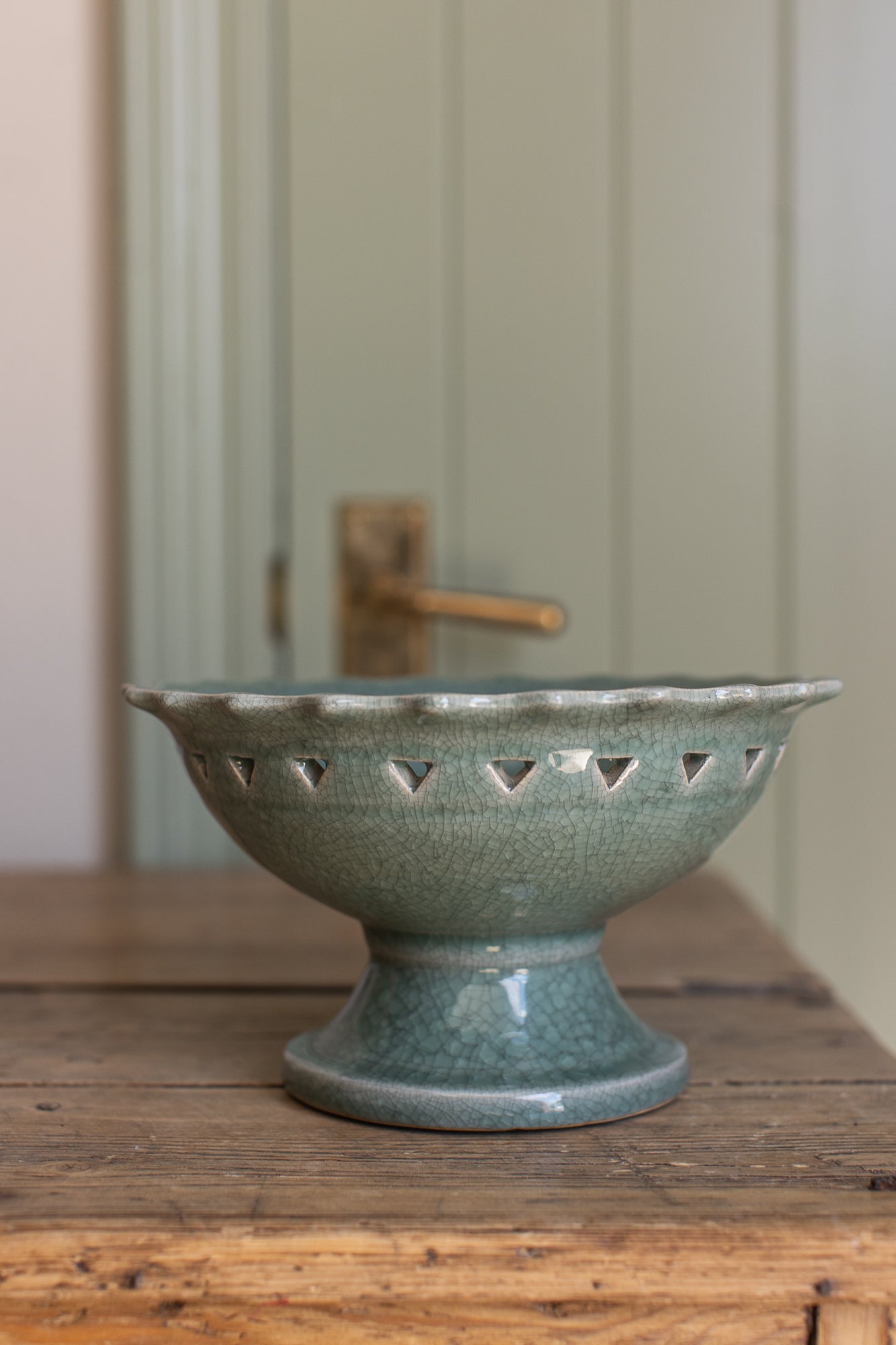 Vintage Celadon Crackle Glaze Compote