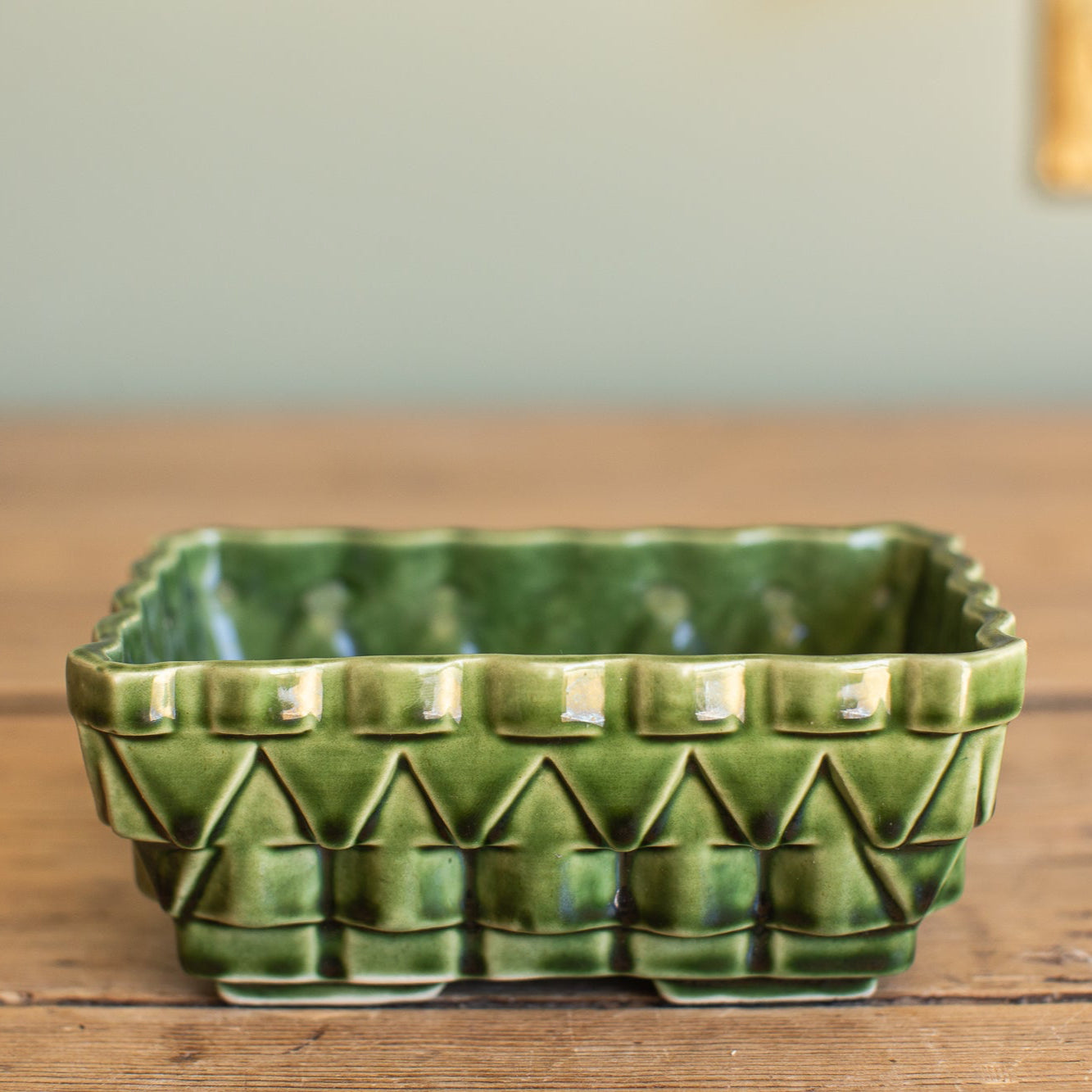 Vintage Green Glazed Basketweave Planter