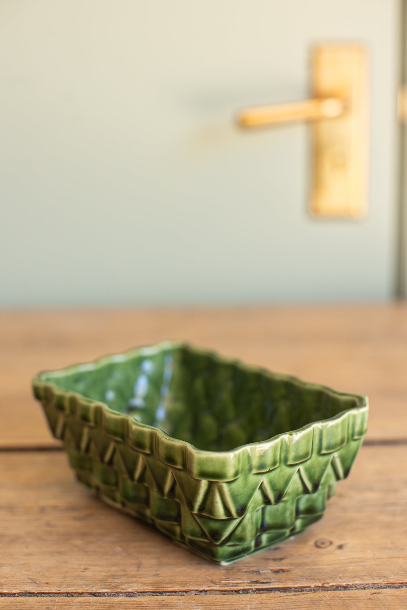 Vintage Green Glazed Basketweave Planter