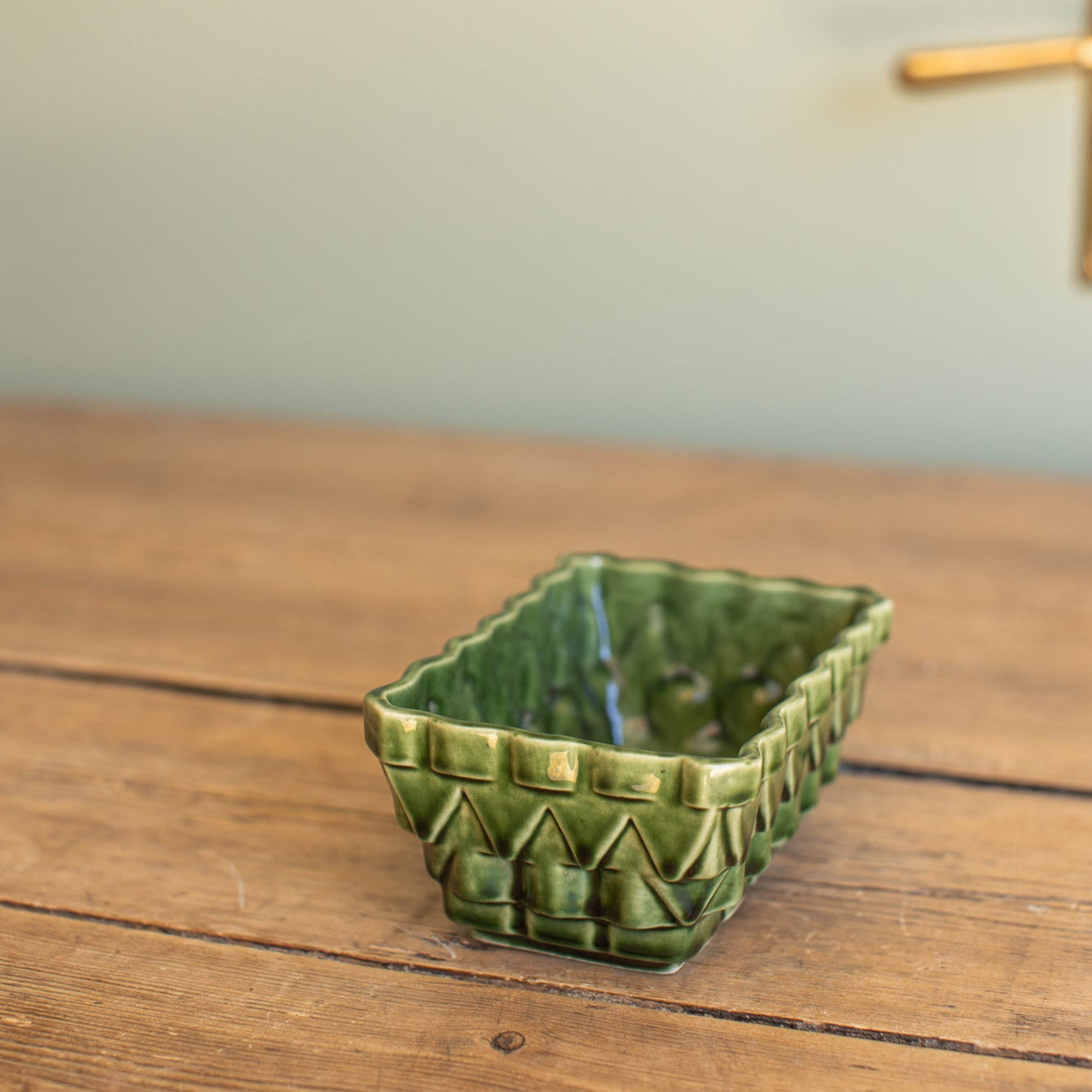 Vintage Green Glazed Basketweave Planter