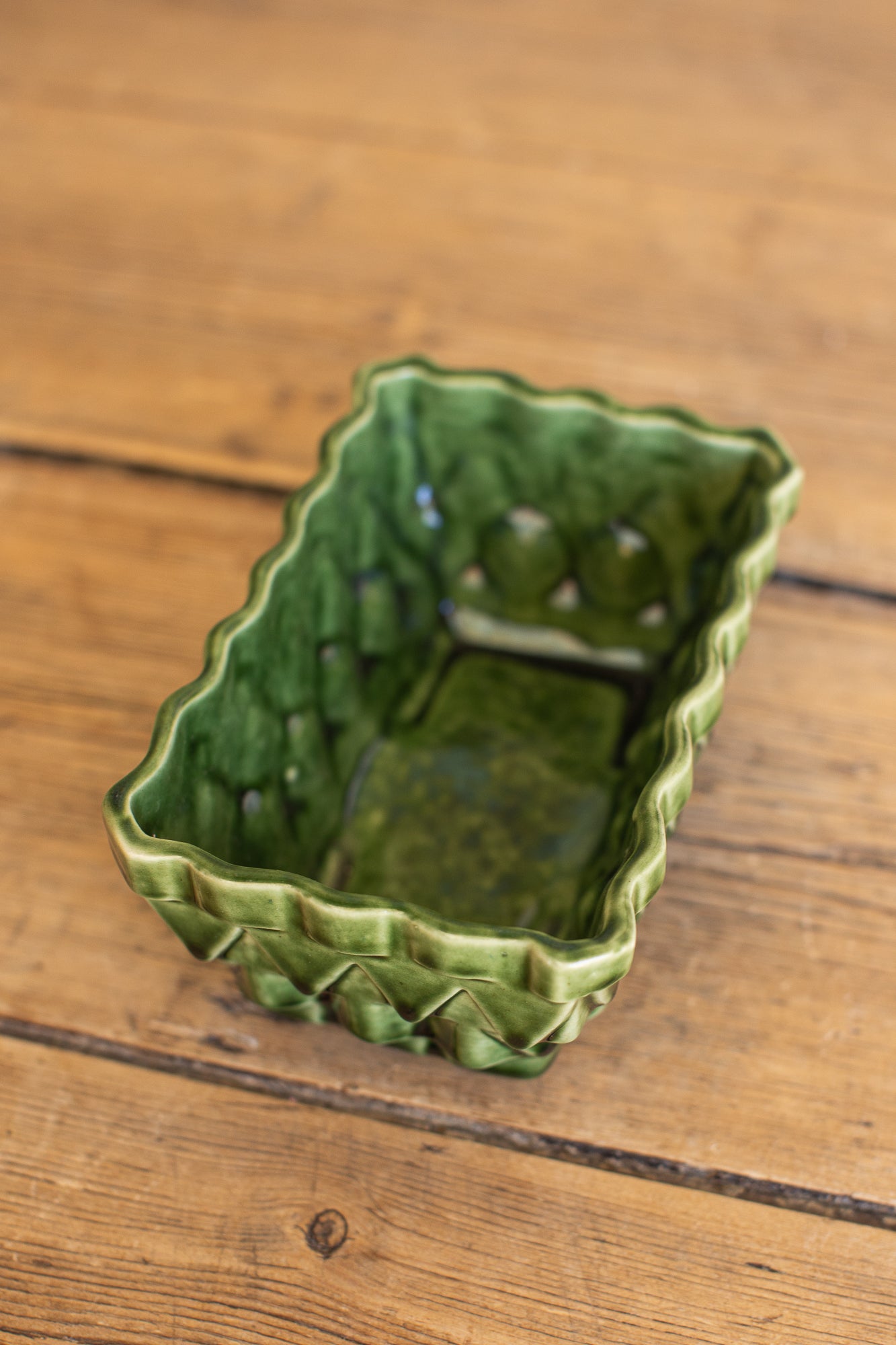 Vintage Green Glazed Basketweave Planter