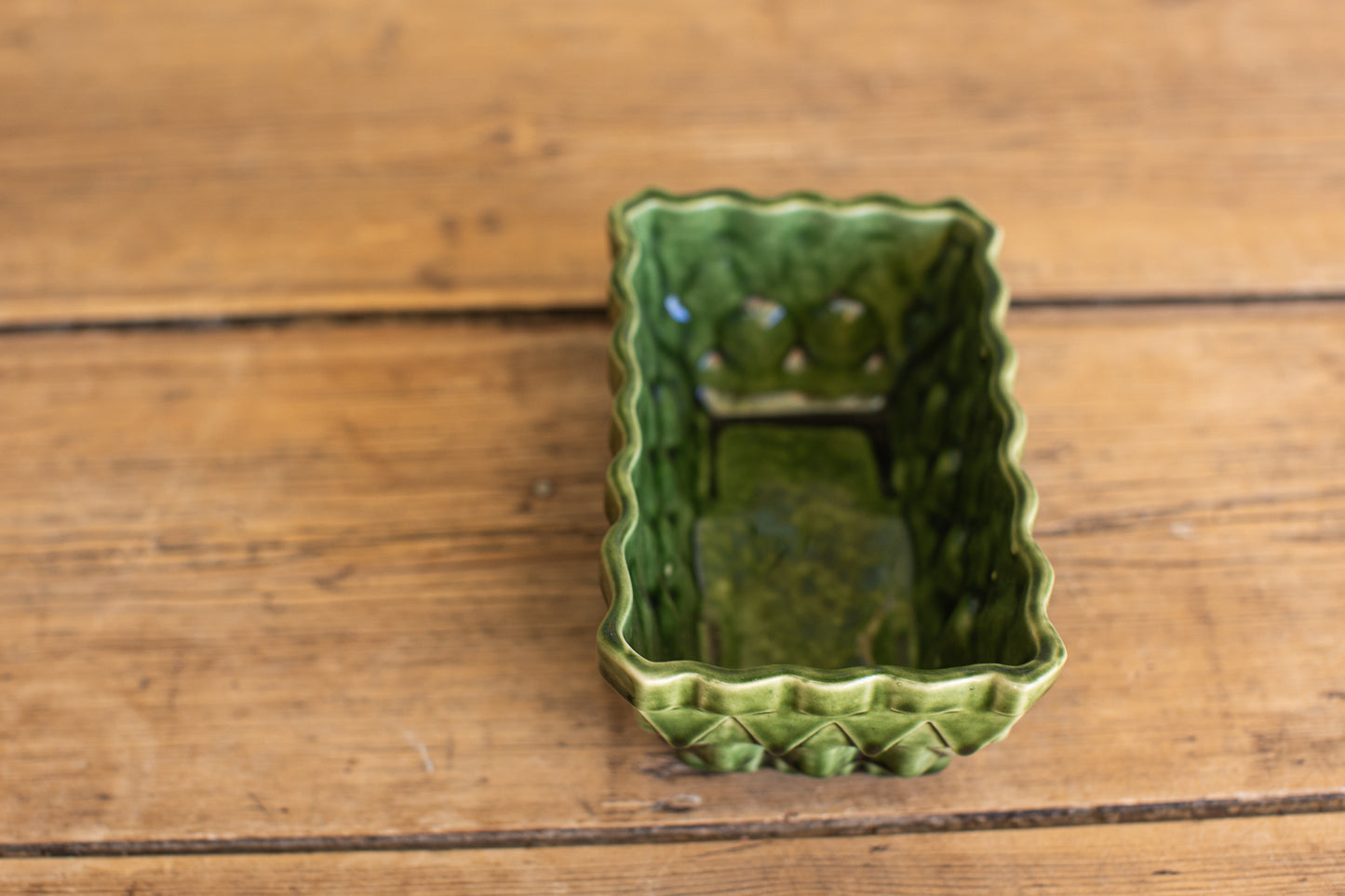 Vintage Green Glazed Basketweave Planter