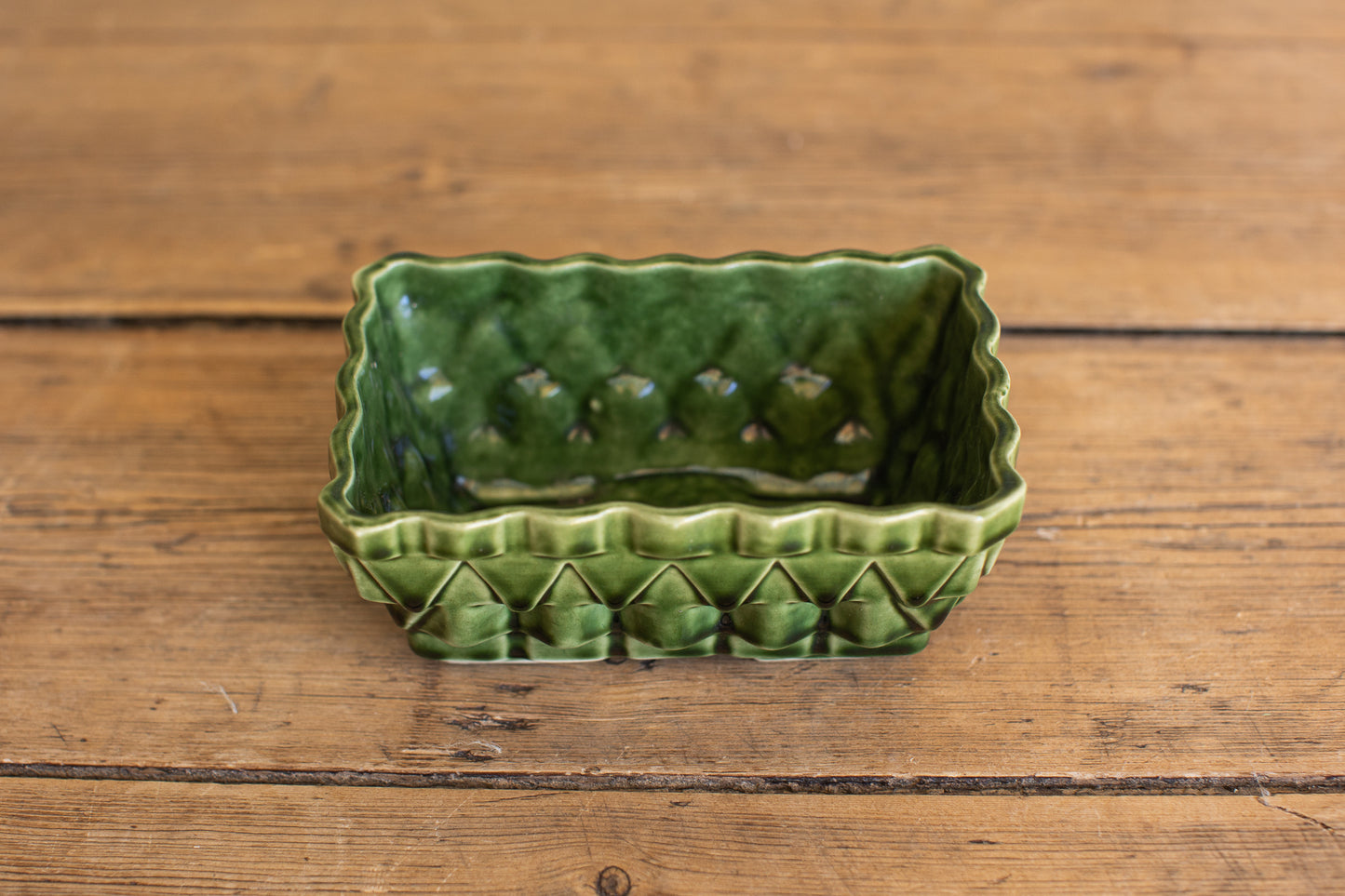 Vintage Green Glazed Basketweave Planter
