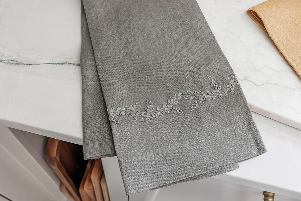 Embroidered Hand Towels, Pewter - OAKSTREET SHOPPE