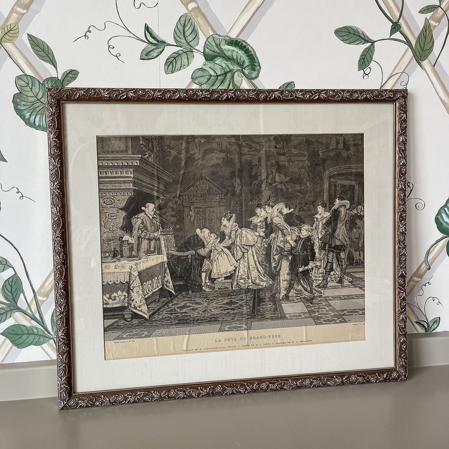 Framed La Fête du Grand-Père” – Antique 19th-Century French Engraving