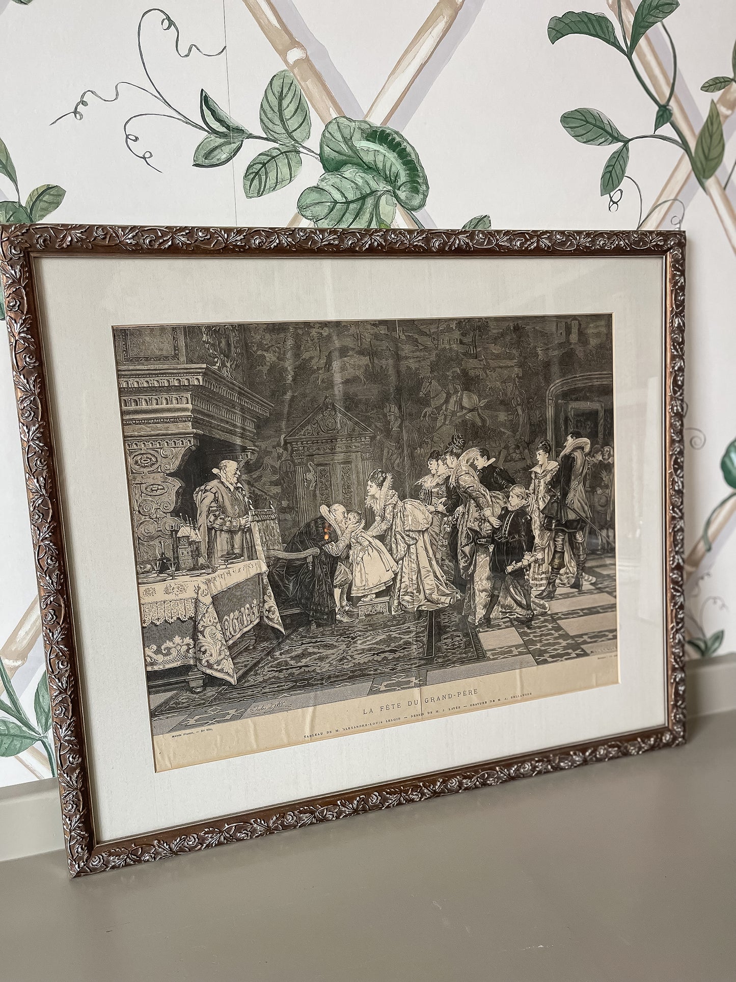 Framed La Fête du Grand-Père” – Antique 19th-Century French Engraving