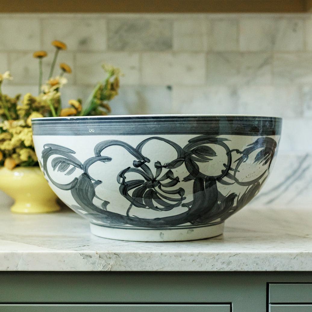 large black white bowl handpainted