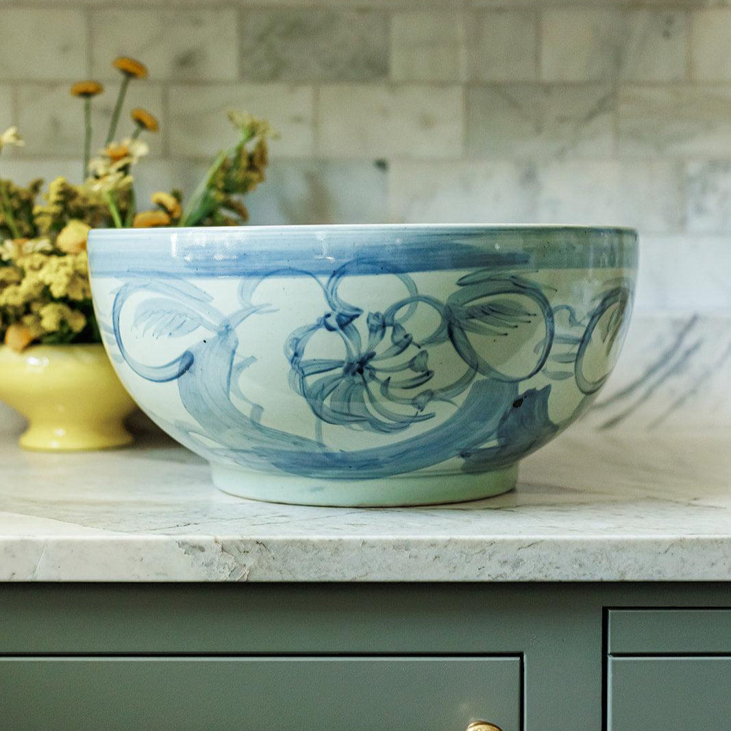 handpainted floral bowl blue and white large ceramic oversized oakstreet shoppe