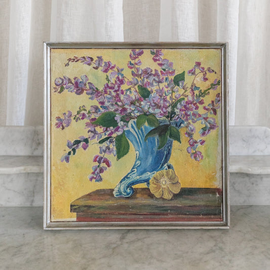 Purple Flowers in Blue Vase