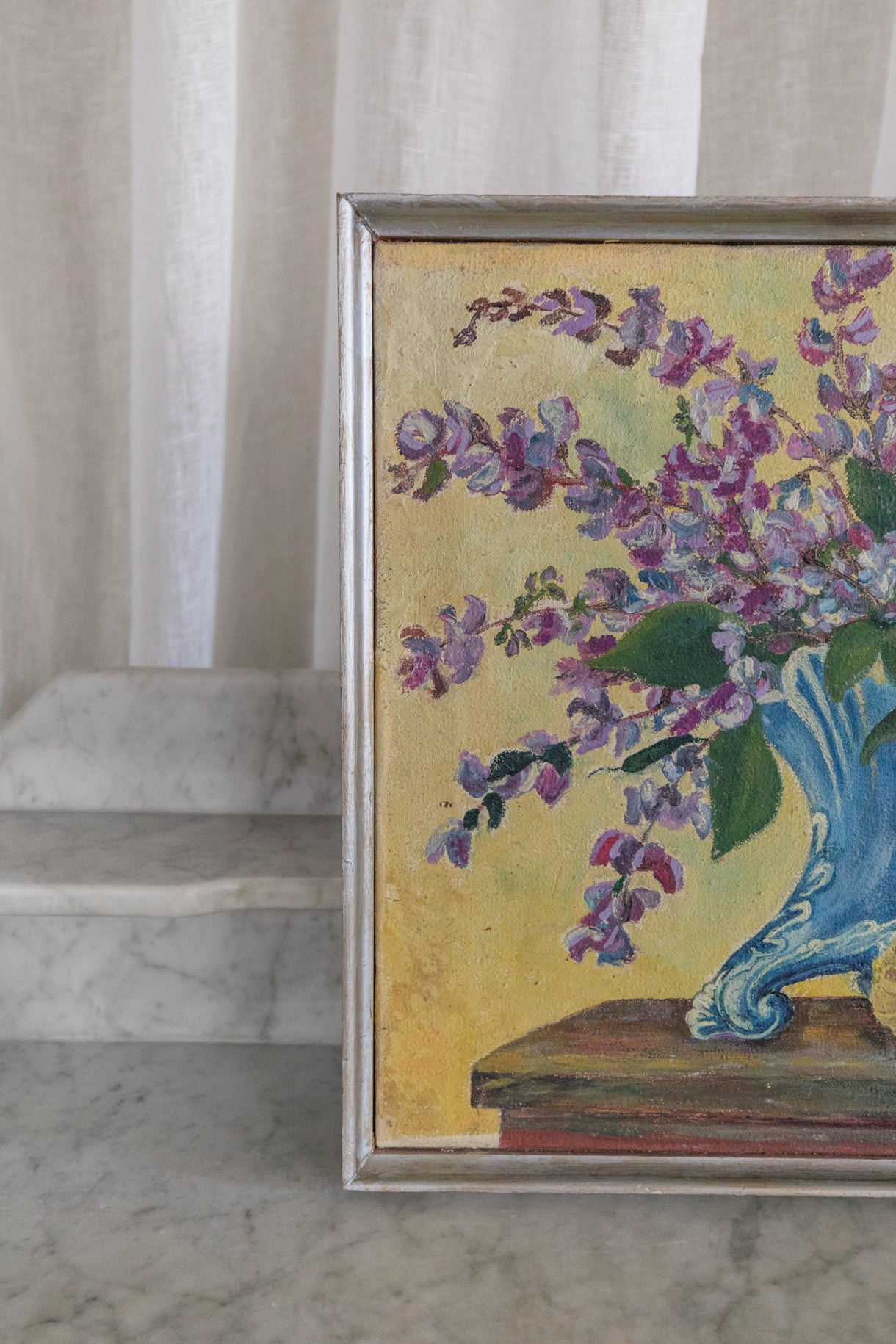 Purple Flowers in Blue Vase