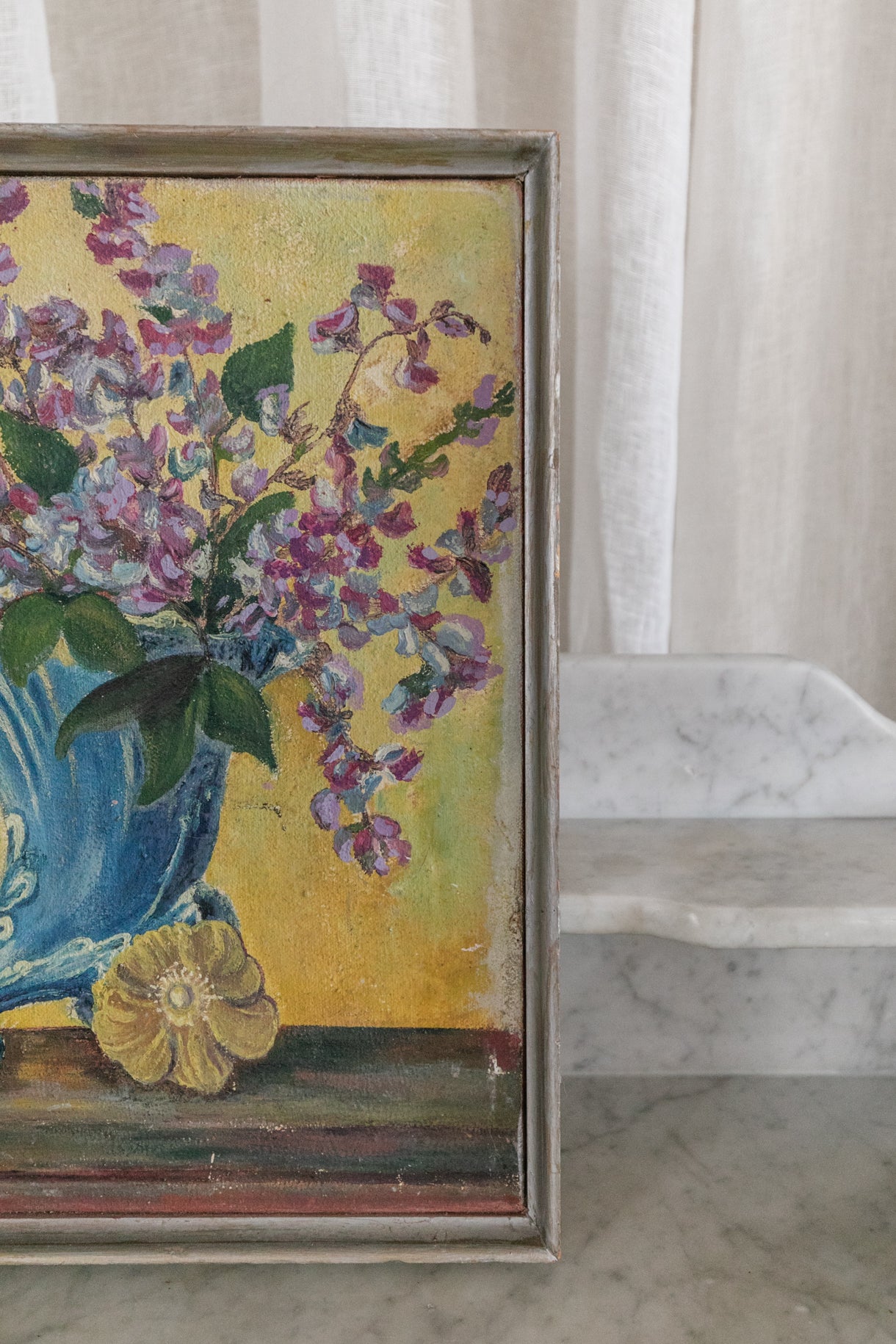 Purple Flowers in Blue Vase