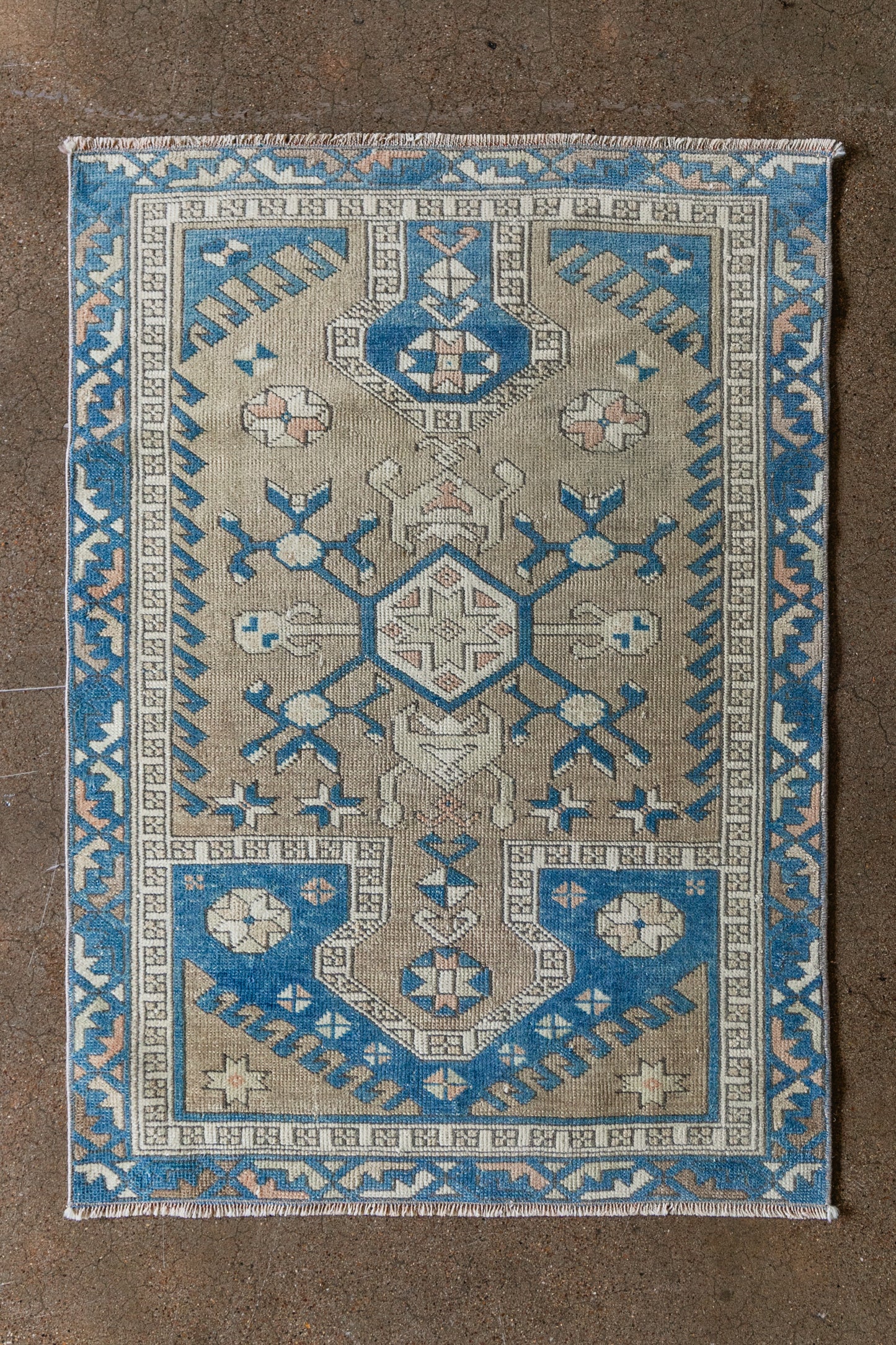 Vintage Caucasian Kazak Rug (3x4) Blue & Tan Geometric Medallion Wool Area Rug