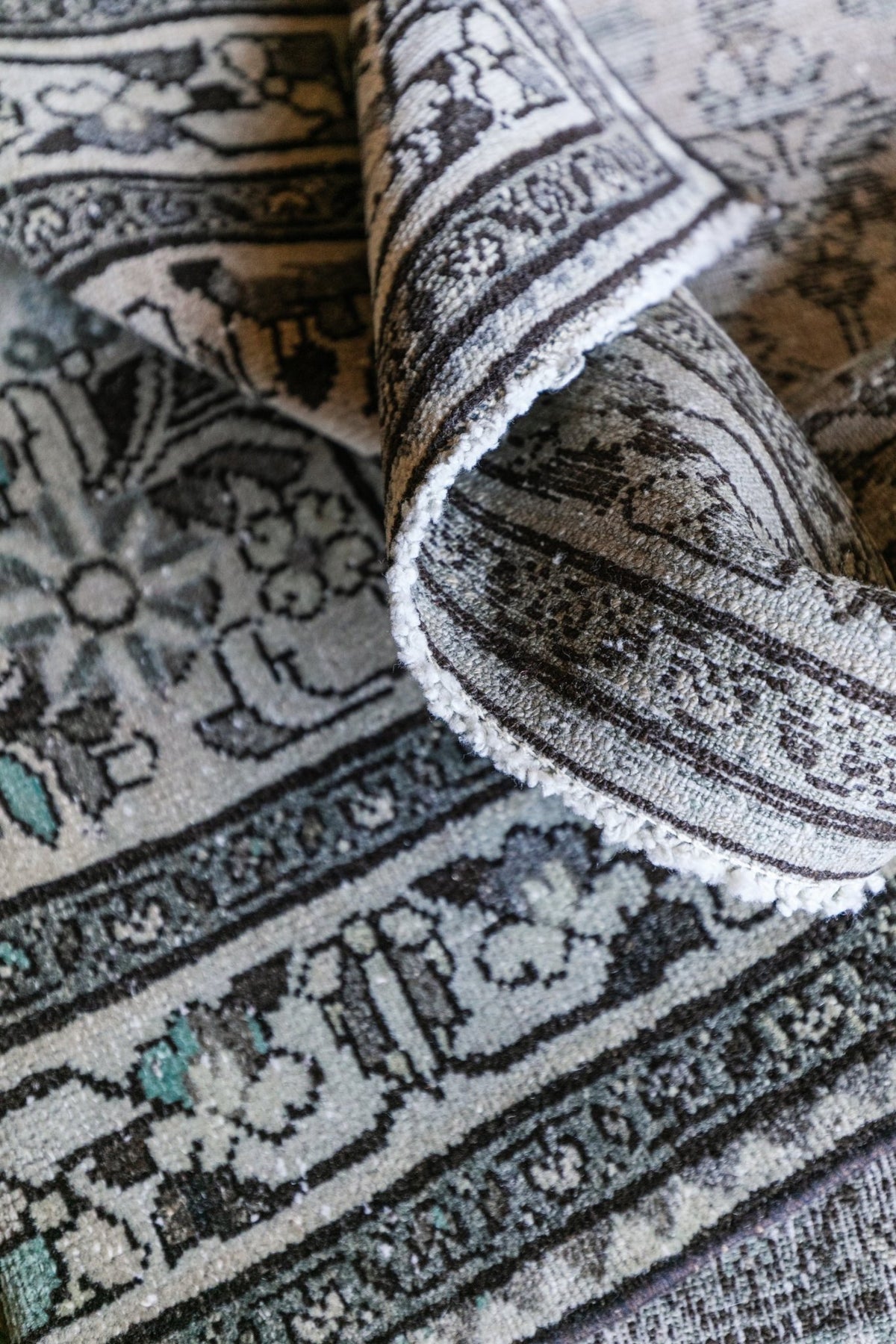 Antique Persian (3x12) Ivory & Slate Blue Hand-Knotted Wool Runner - OAKSTREET SHOPPE
