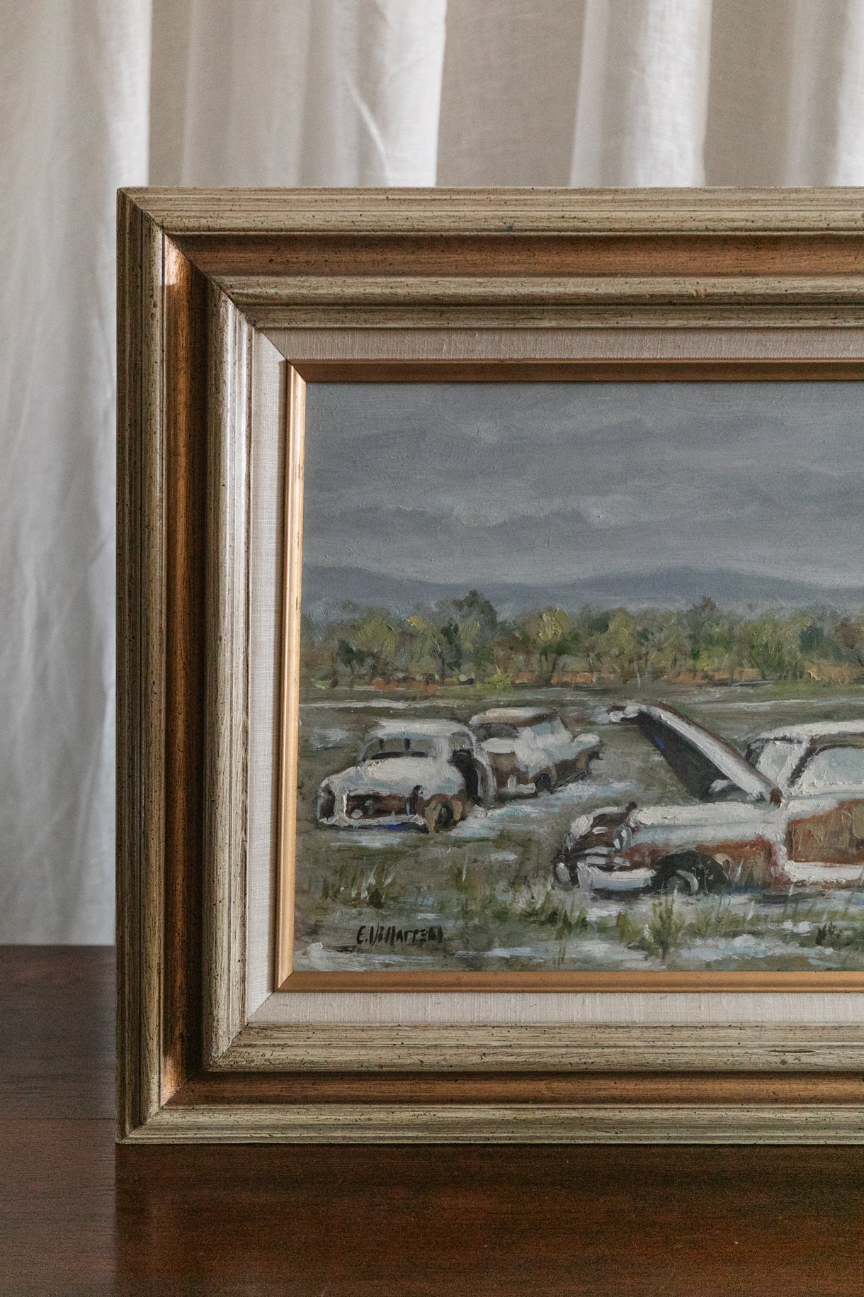 Oil Painting, Landscape with Old Cars