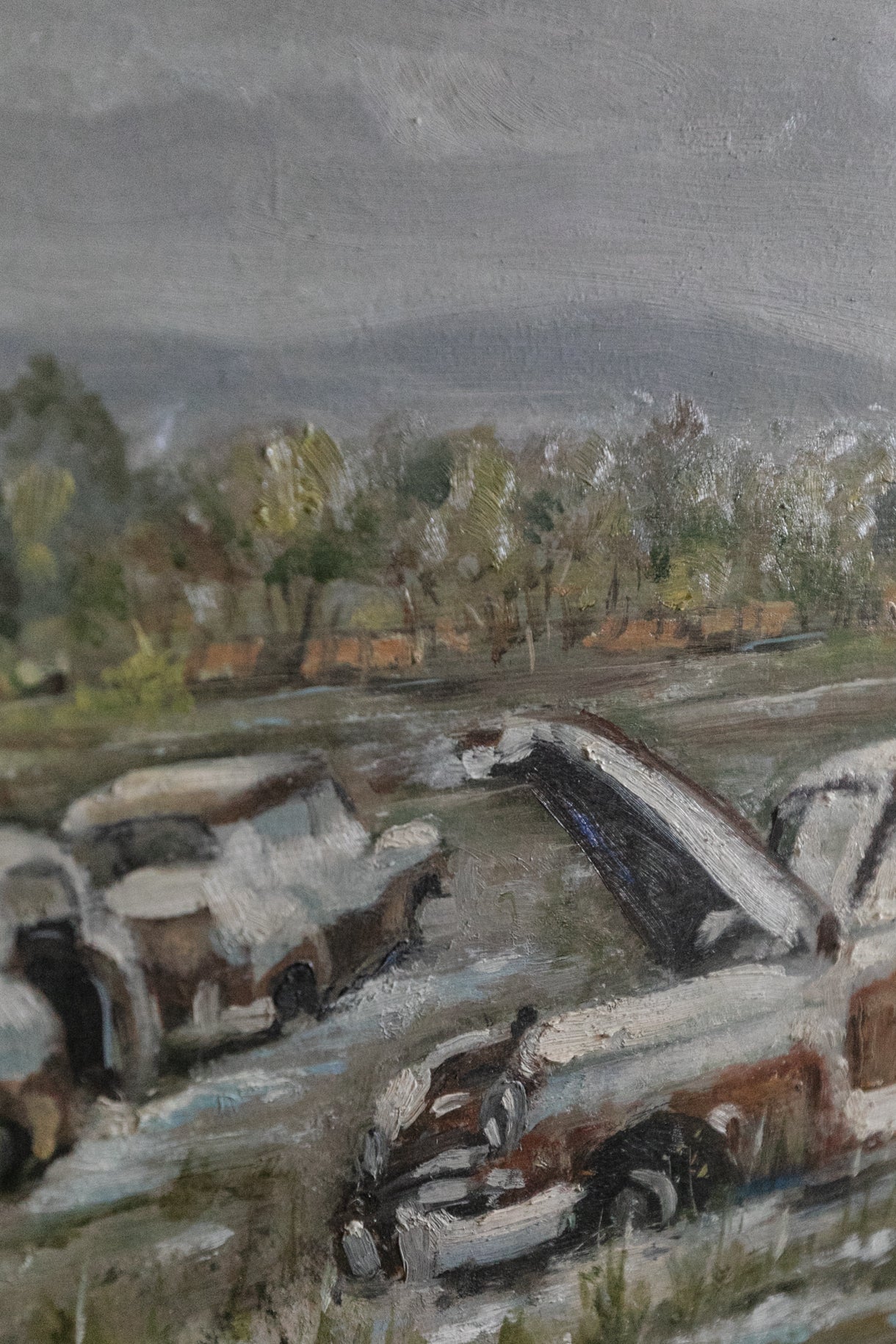 Oil Painting, Landscape with Old Cars