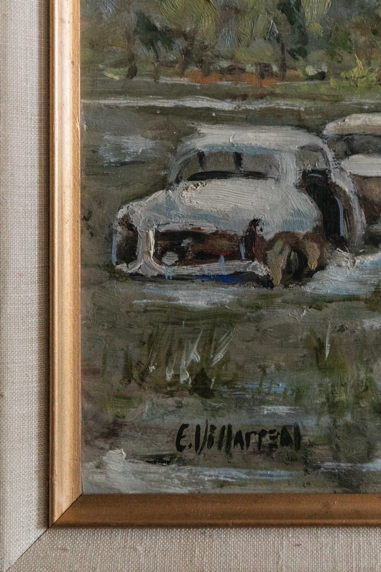 Oil Painting, Landscape with Old Cars