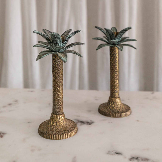 Palm Brass Candlesticks, Pair