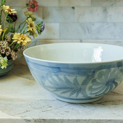 Large Hand-Painted Blue and White Stoneware Bowl