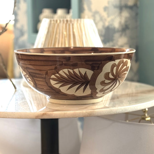 Large Hand-Painted Brown and White Stoneware Bowl