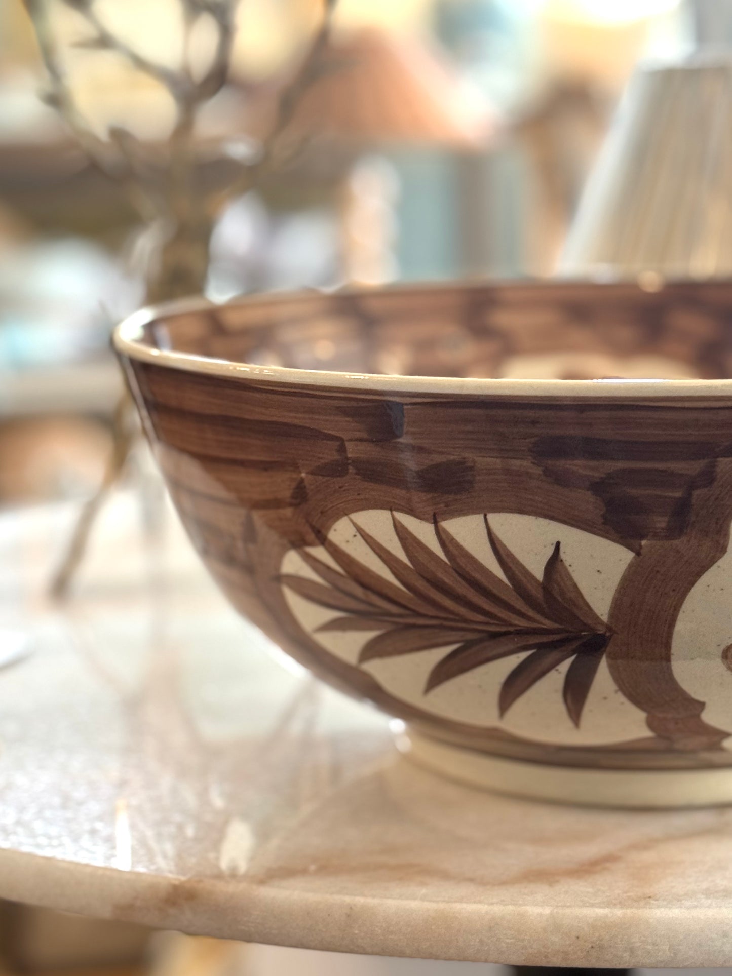 Large Hand-Painted Brown and White Stoneware Bowl