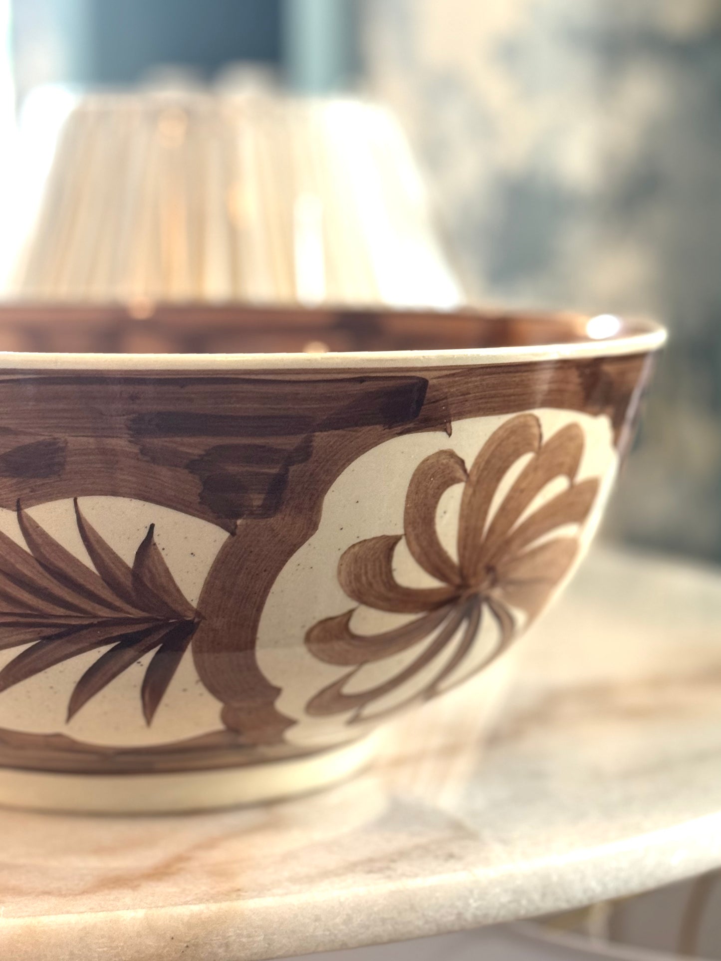 Large Hand-Painted Brown and White Stoneware Bowl