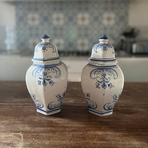 Blue & White Hexagonal Lidded Vases