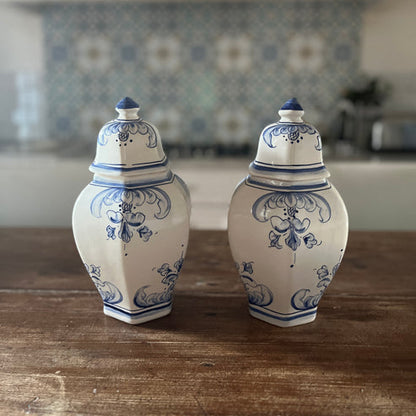 Blue & White Hexagonal Lidded Vases