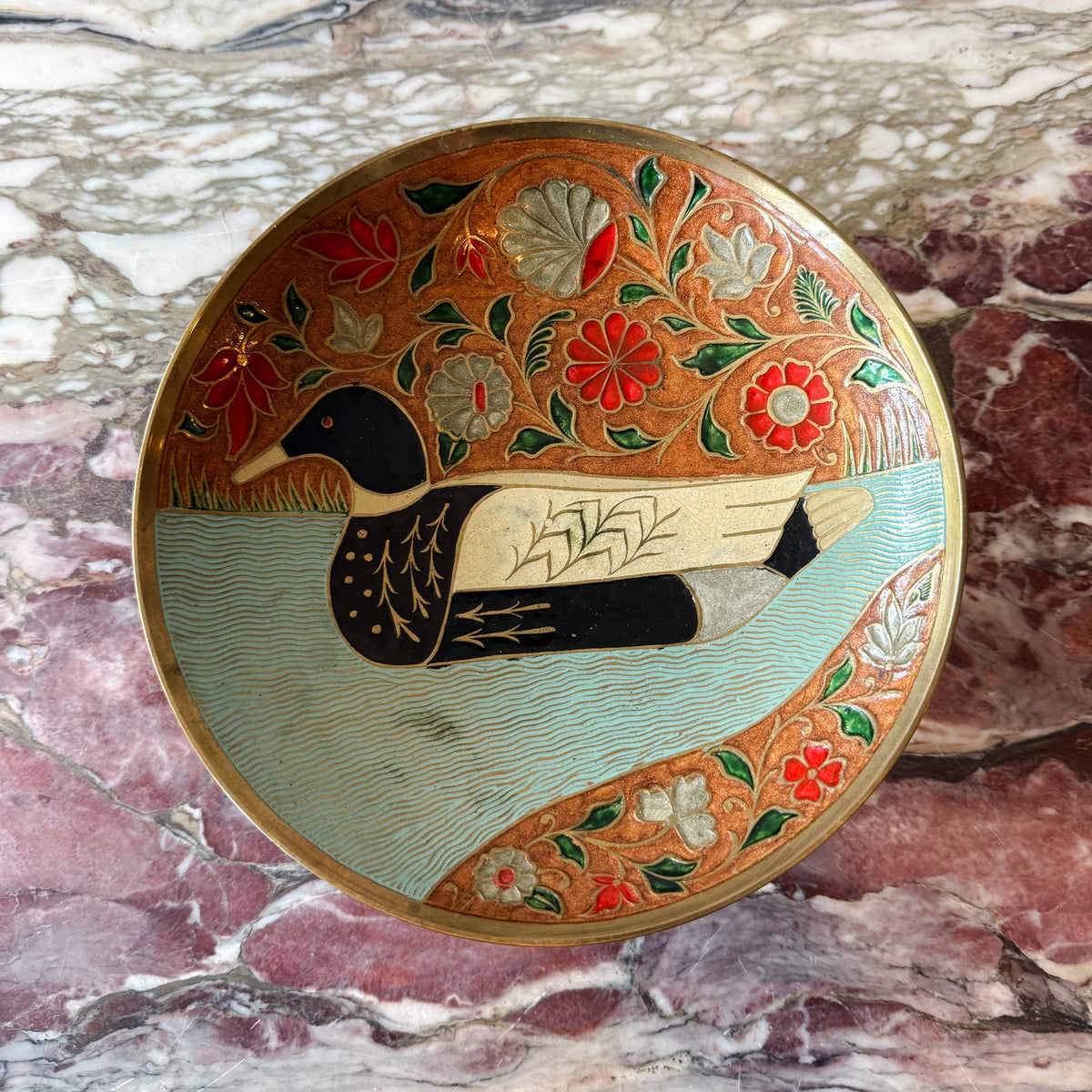Footed Brass Duck Enamel Dish