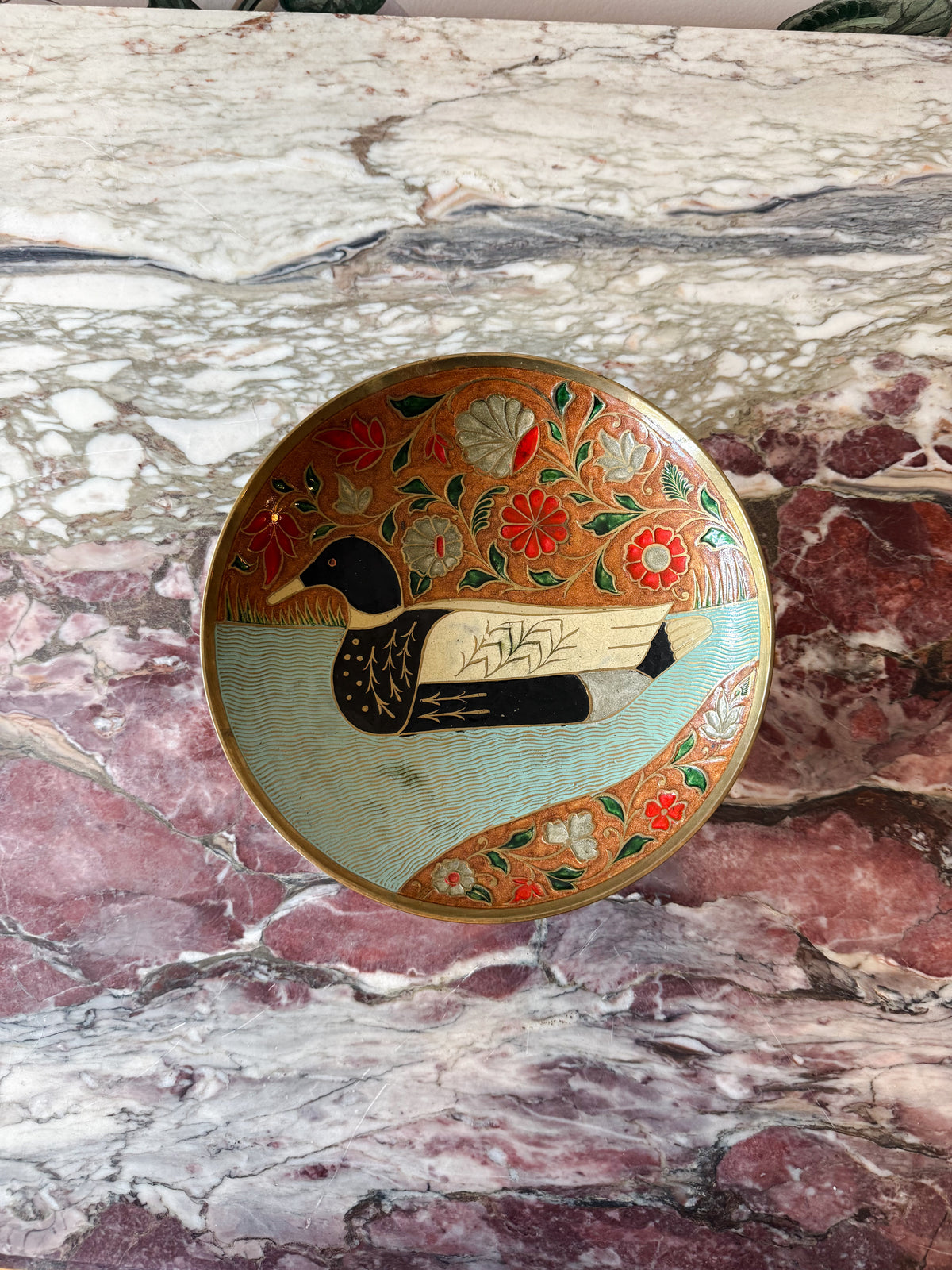 Footed Brass Duck Enamel Dish