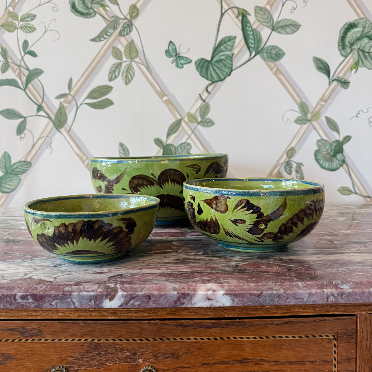 Set of Three Hand-Painted Green Bowls