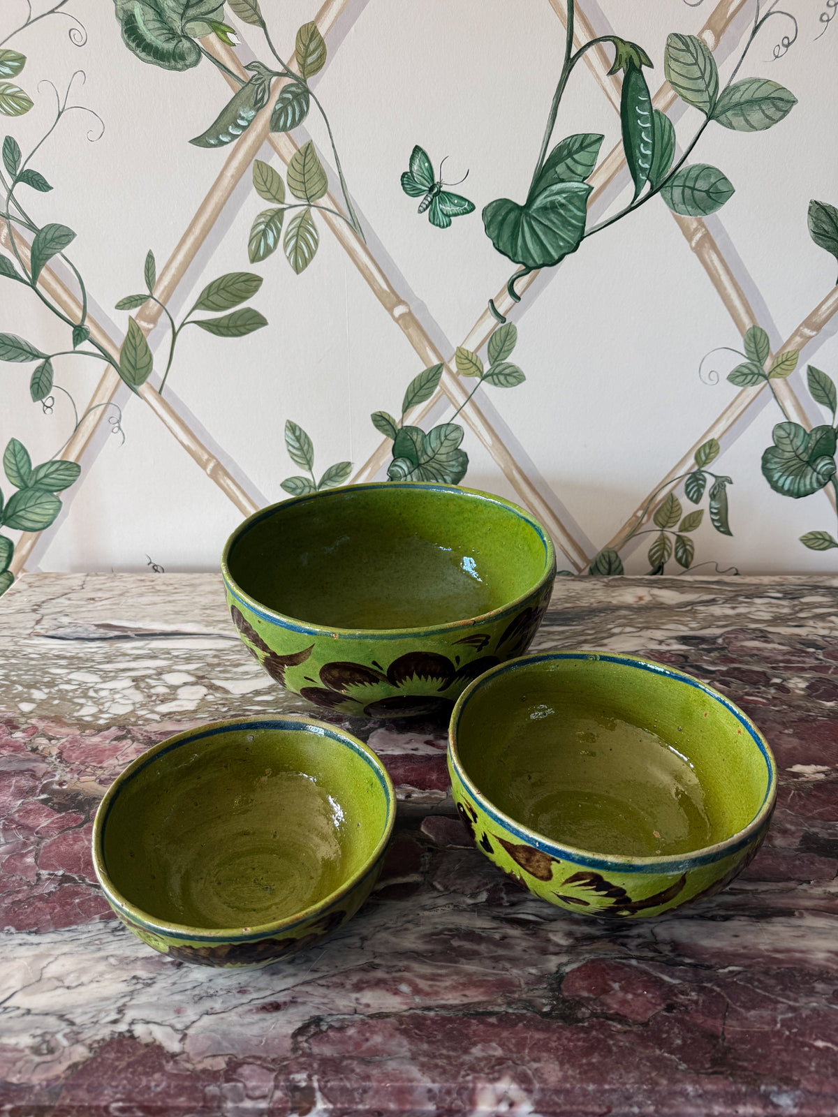 Set of Three Hand-Painted Green Bowls