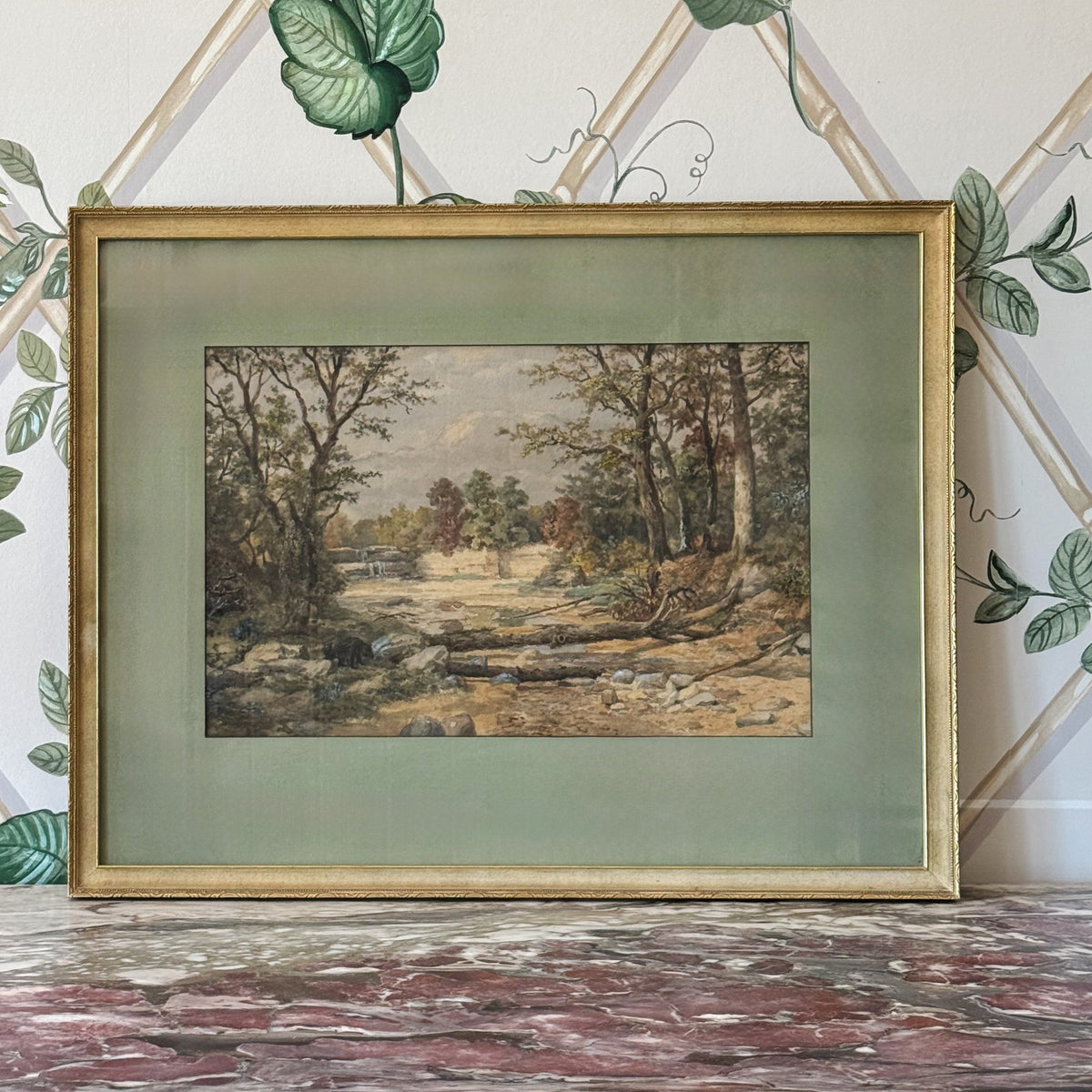 Framed Watercolor with Green Matting