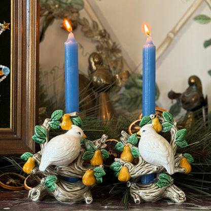 Partridge Majolica Candle Holder Pair