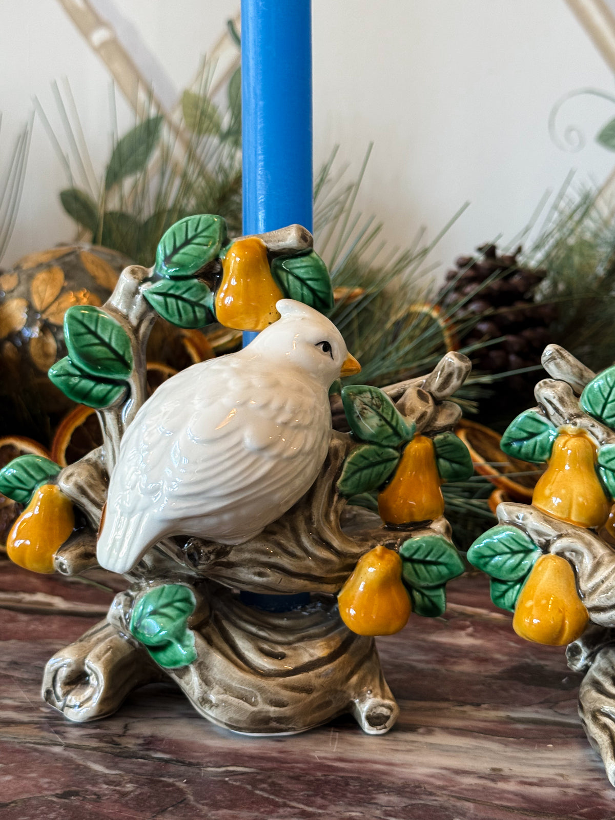 Partridge Majolica Candle Holder Pair