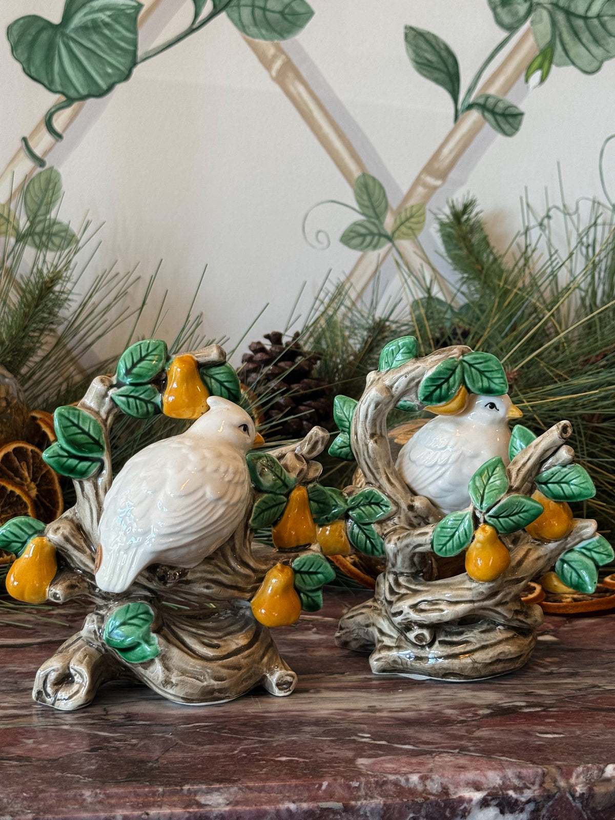 Partridge Majolica Candle Holder Pair