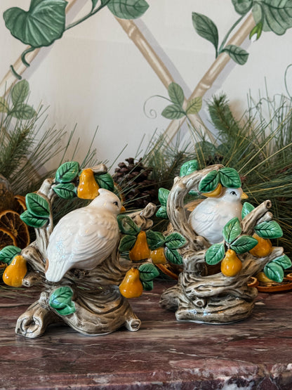 Partridge Majolica Candle Holder Pair