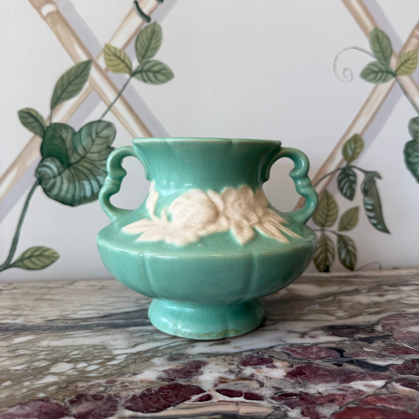 Welles Green Vase with White Flower and Handles