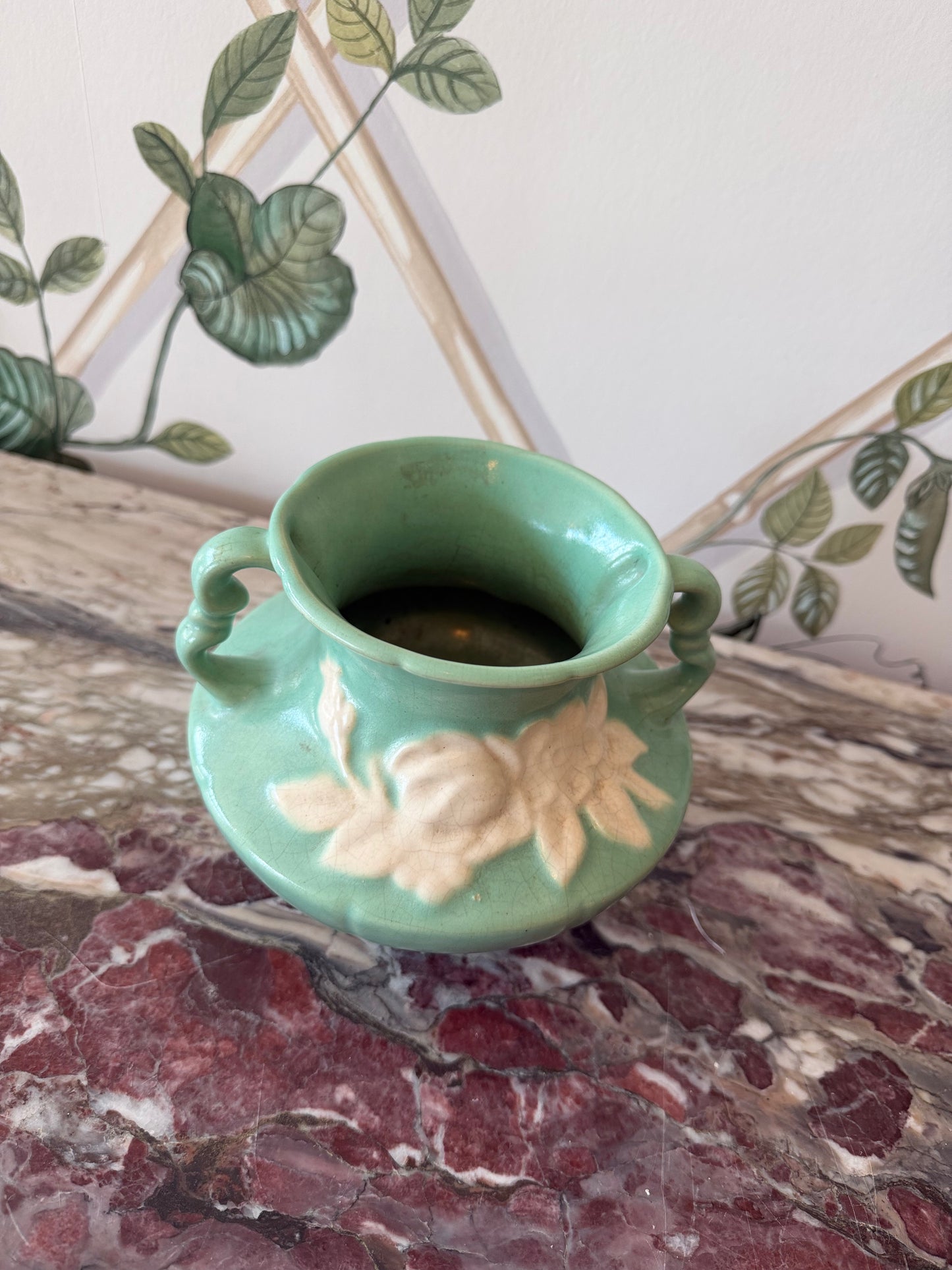 Welles Green Vase with White Flower and Handles
